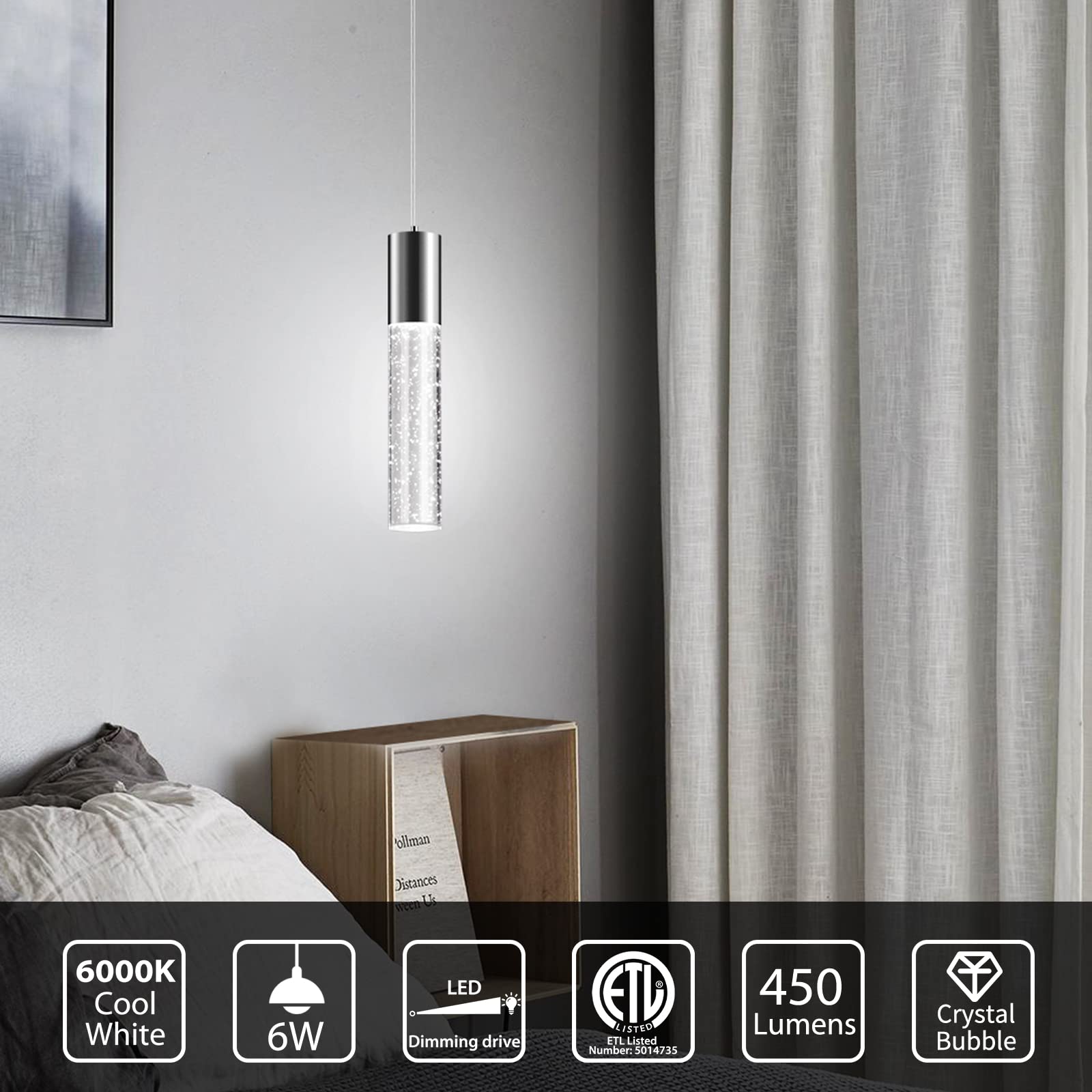 Okeli Chrome Led Bubble Crystal Pendant Light, 6W, 6000K, 3Pack For Kitchen Island & Bar