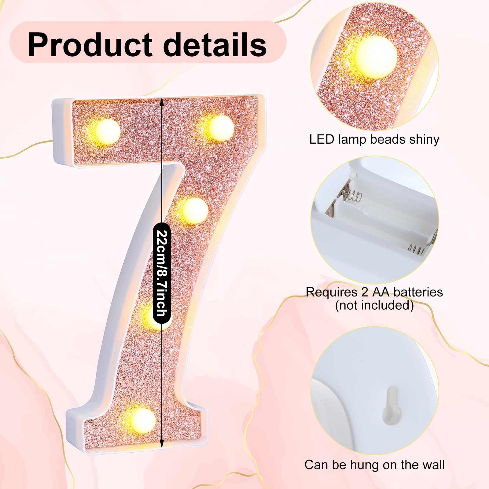 Treela 8.7 Birthday Decorative Led Light Up Numbers  Glitter Marquee Number Sign For Night Birthday Party Decorations Anniversary Bar Led Sign Backdrop Wall Table Centerpieces(Number 7 Rose Gold)