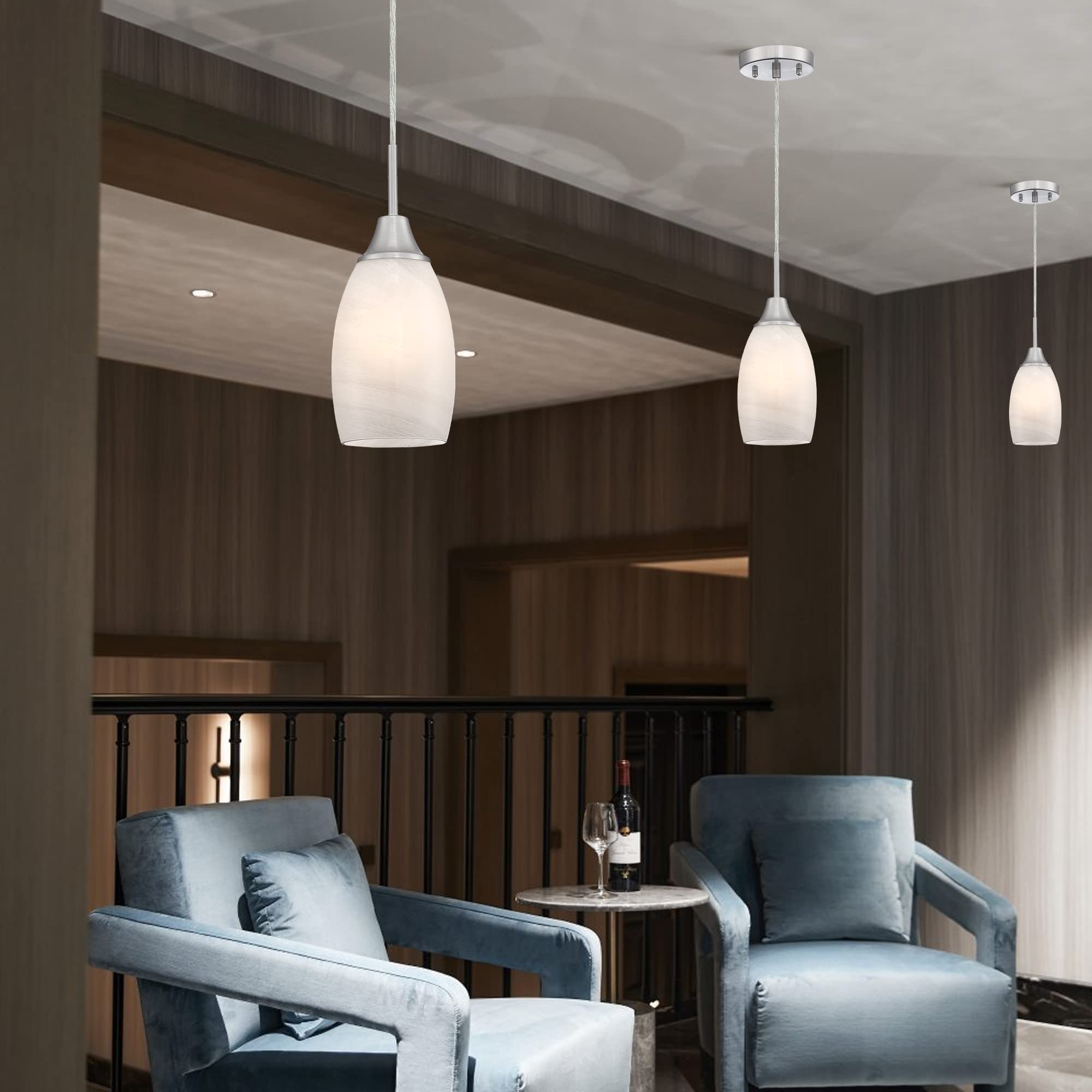 Viinew Mini Glass Pendant Light 3-Pack - Handblown White Oval Lights For Kitchen & Dining