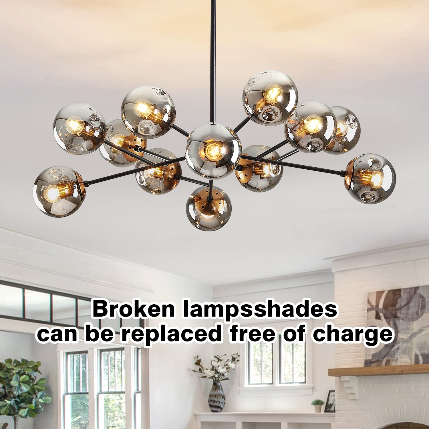 DDLLDESHI 12-Light Modern Black Chandelier with Glass Shades - 34" Sputnik Ceiling Light for Dining Room, Kitchen, Living Room, Office