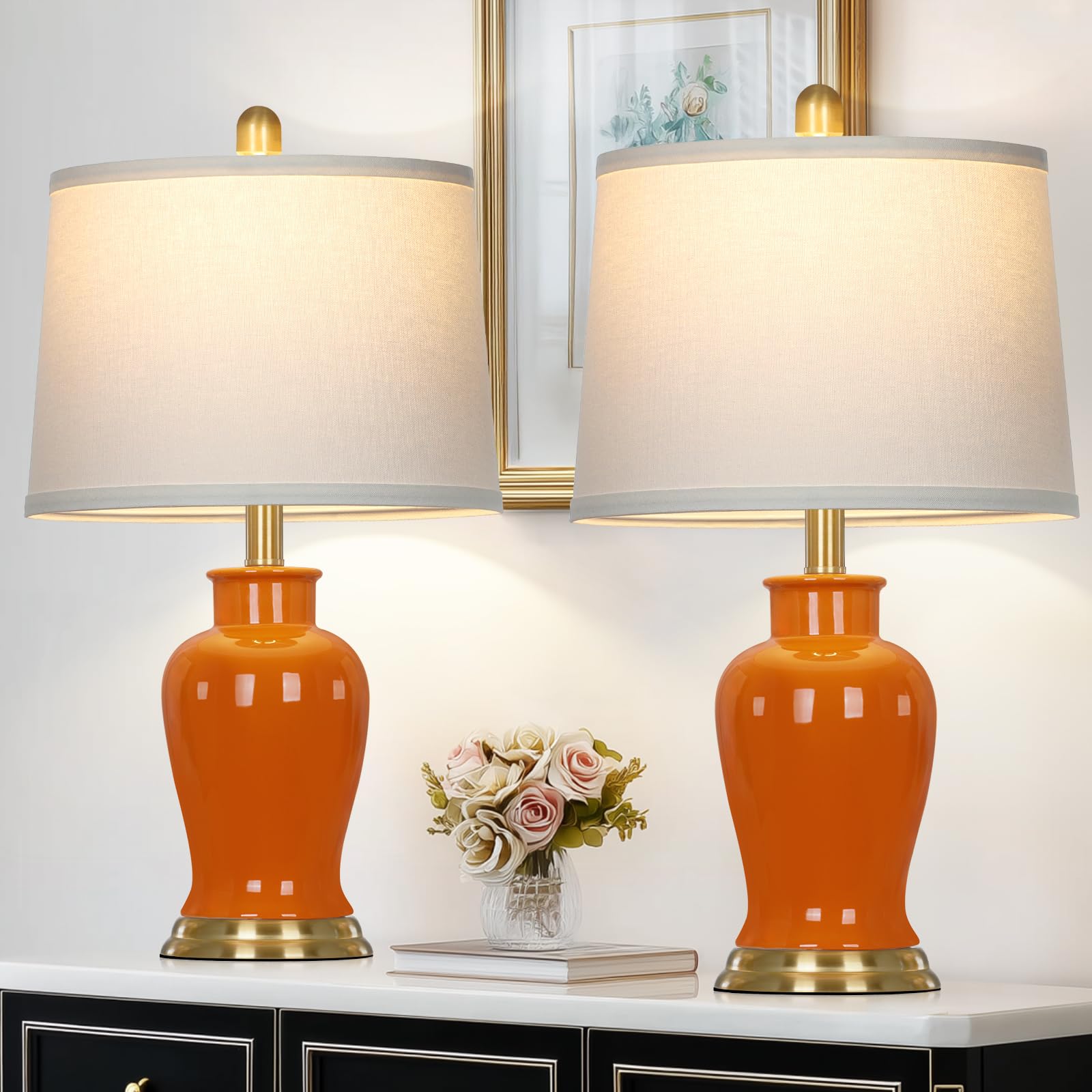 Ruzectt Orange Ceramic Lamps Set of 2  23 Modern Table Lamps for Living Room  Stylish Bedroom Ginger Jar Lamps  Elegant Bedside Lamp for Night Stand Desk Side End Table Home Decor(Bulbs Included)
