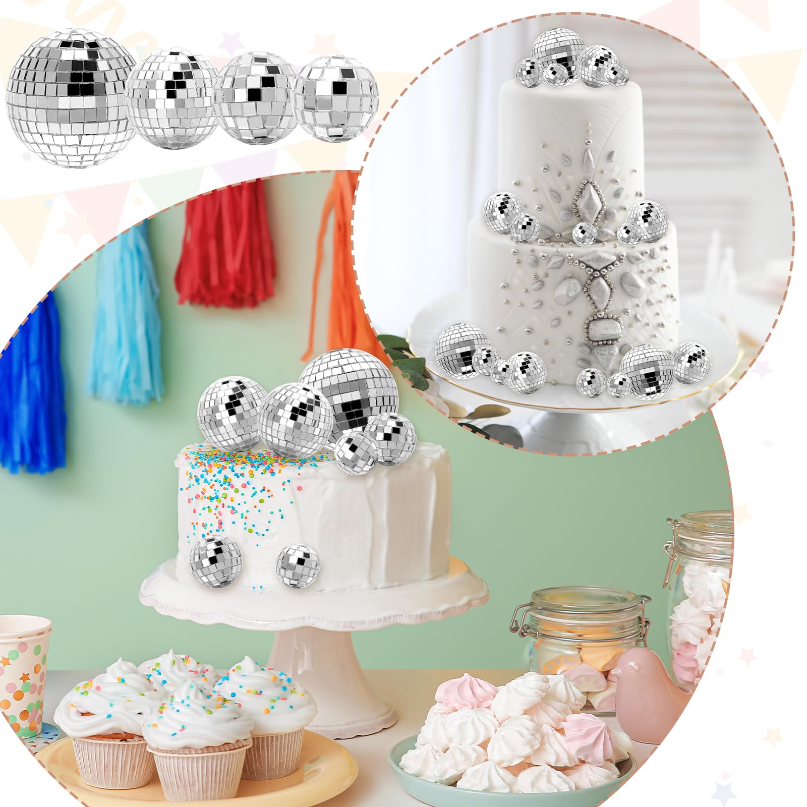 Geetery 70 Pcs Disco Ball Cake Topper Various Sizes Disco Ball Cake Decorations Reflective Mirror Disco Ball Decor Silver Disco