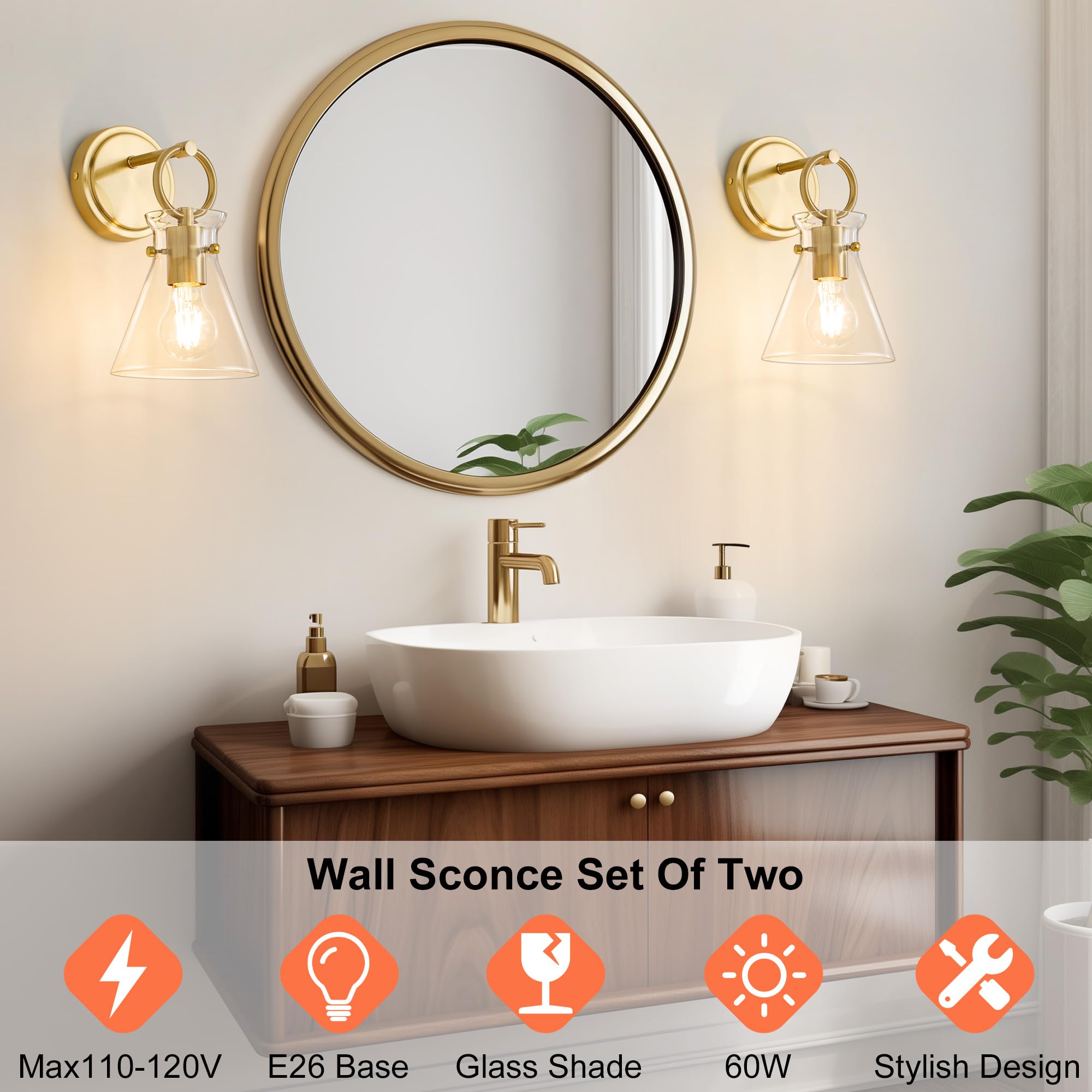 Gednbo Gold Wall Sconces Set Of 2 Modern Vanity Light Fixtures For Bathroom Wall Mount Lighting Lamp Hardwired Farmhouse Wall Lights With 6 Inch Clear Glass Shade For Bedroom Living Room Mirror