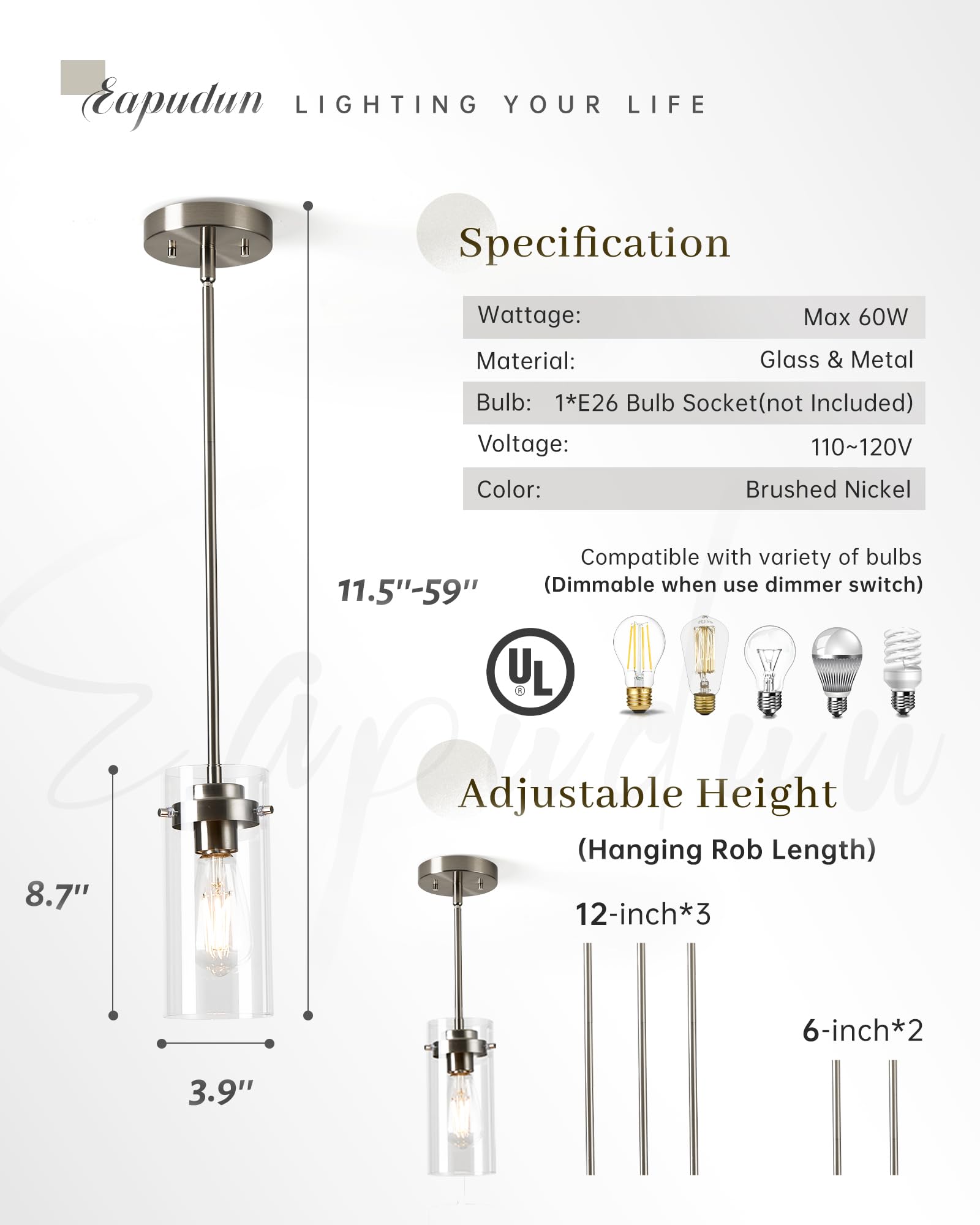 Eapudun Brushed Nickel Pendant Light - 2 Pack Farmhouse Kitchen Ceiling Fixtures