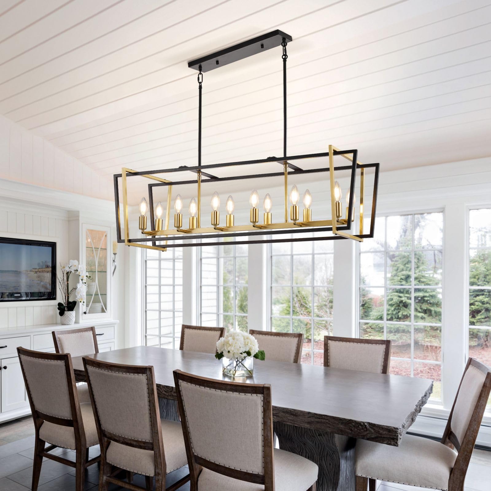 Sdorens 40'' Dining Room Light Fixture/Chandelier Over Table, 12-Light Kitchen Island Lighting,Hanging For Farmhouse Linear Rect