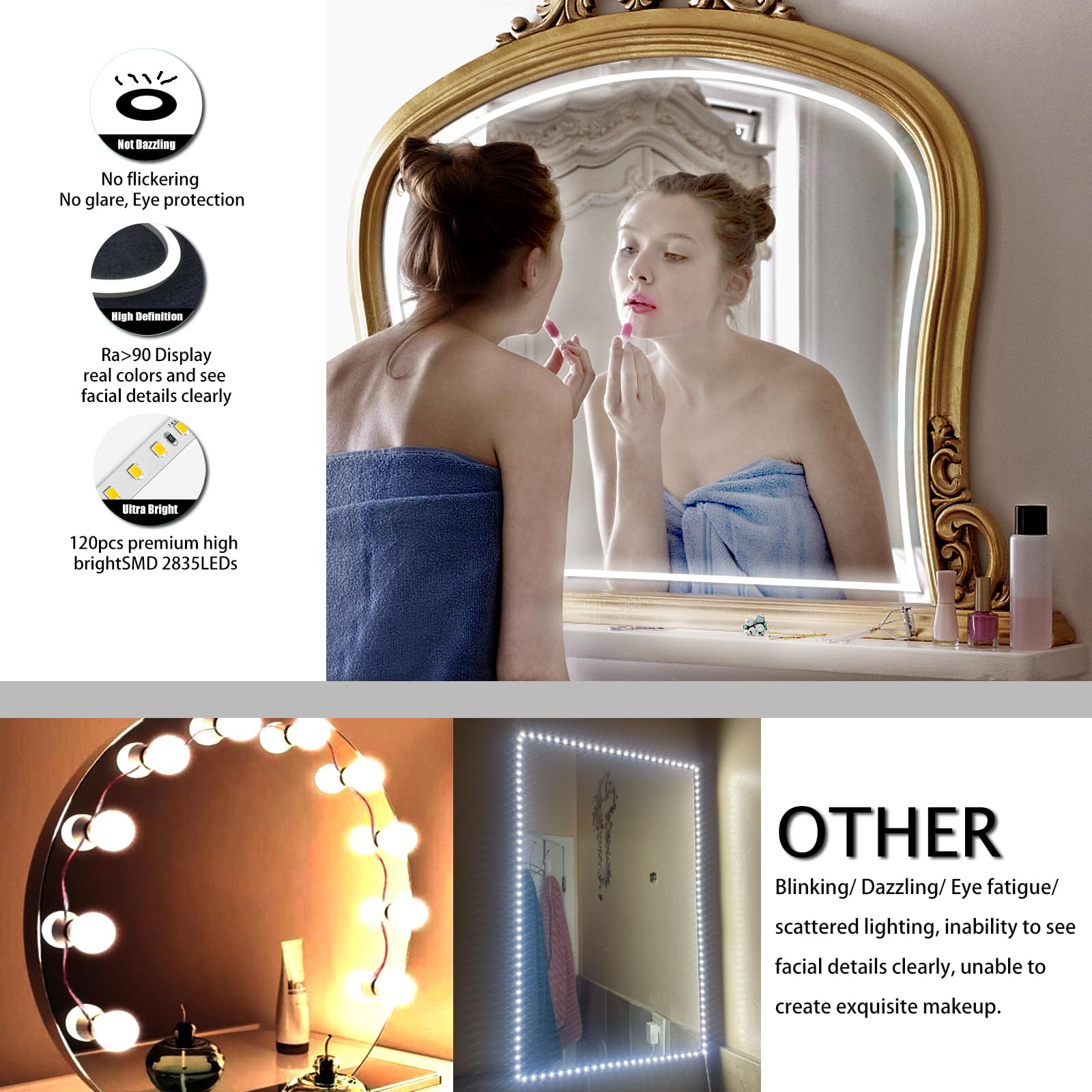Blikshin LED Vanity Mirror Lights - 6.6FT Dimmable Self-Adhesive Strip, 6000K White Lighting for Makeup Table & Bathroom, Model dd-03m