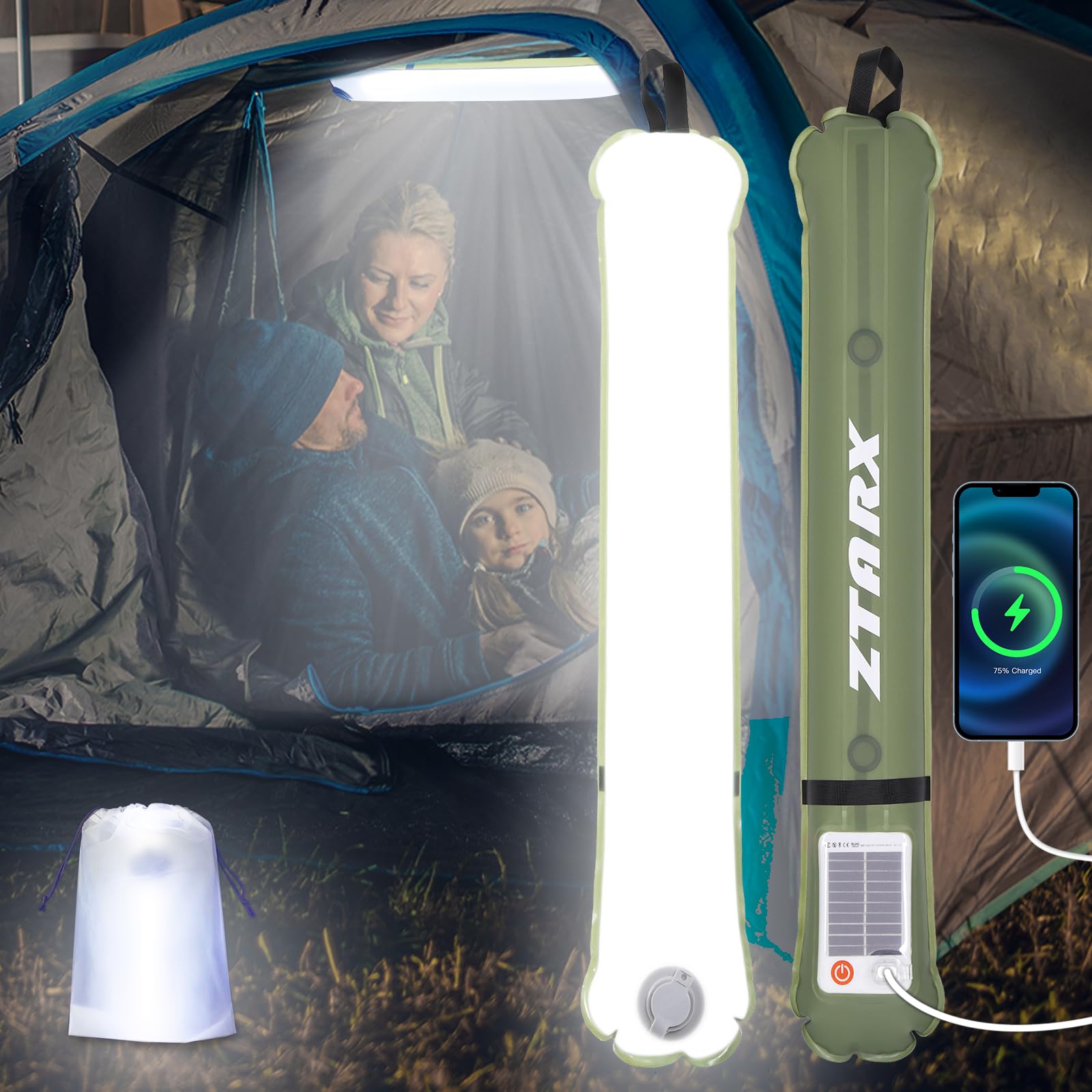 Qoolife Solar Camping Lights Bars LED Tube Light IP66 Waterproof 60CM Rechargeable Green/White Model QL-TBL-60EU