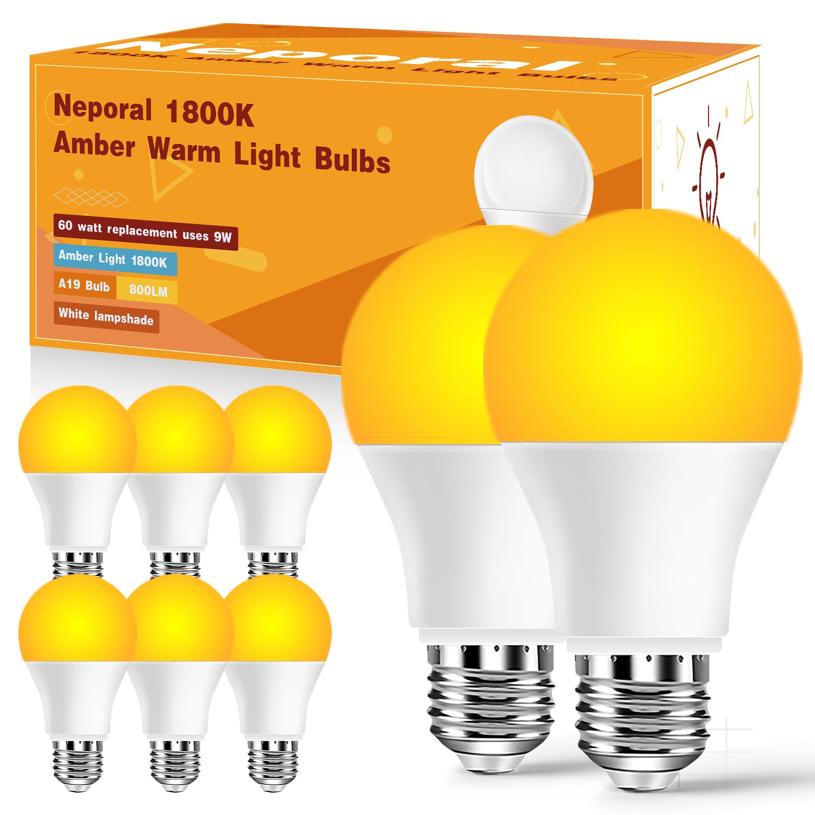 Neporal Amber Light Bulbs 9W, Soft Warm Sleep Light Bulbs 60W Equivalent, Blue Light Blocking Amber Night Light Bulbs 1800K, Bedtime Light Bulb for Healthy Sleep, 8 Pack