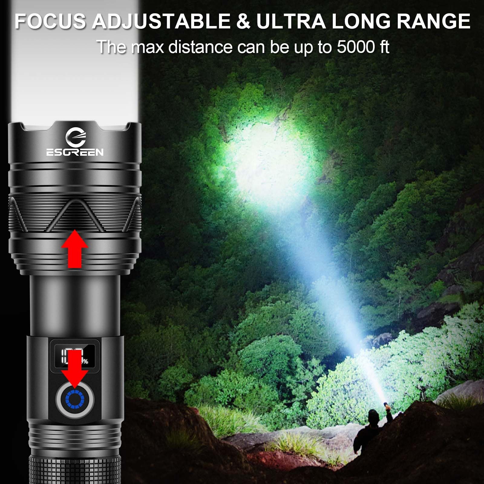Esgreen Rechargeable Flashlight 2000 Lumens, 5000ft Range, Heavy Duty Aluminum, Model ED0330, USB-C LED for Emergency & Camping