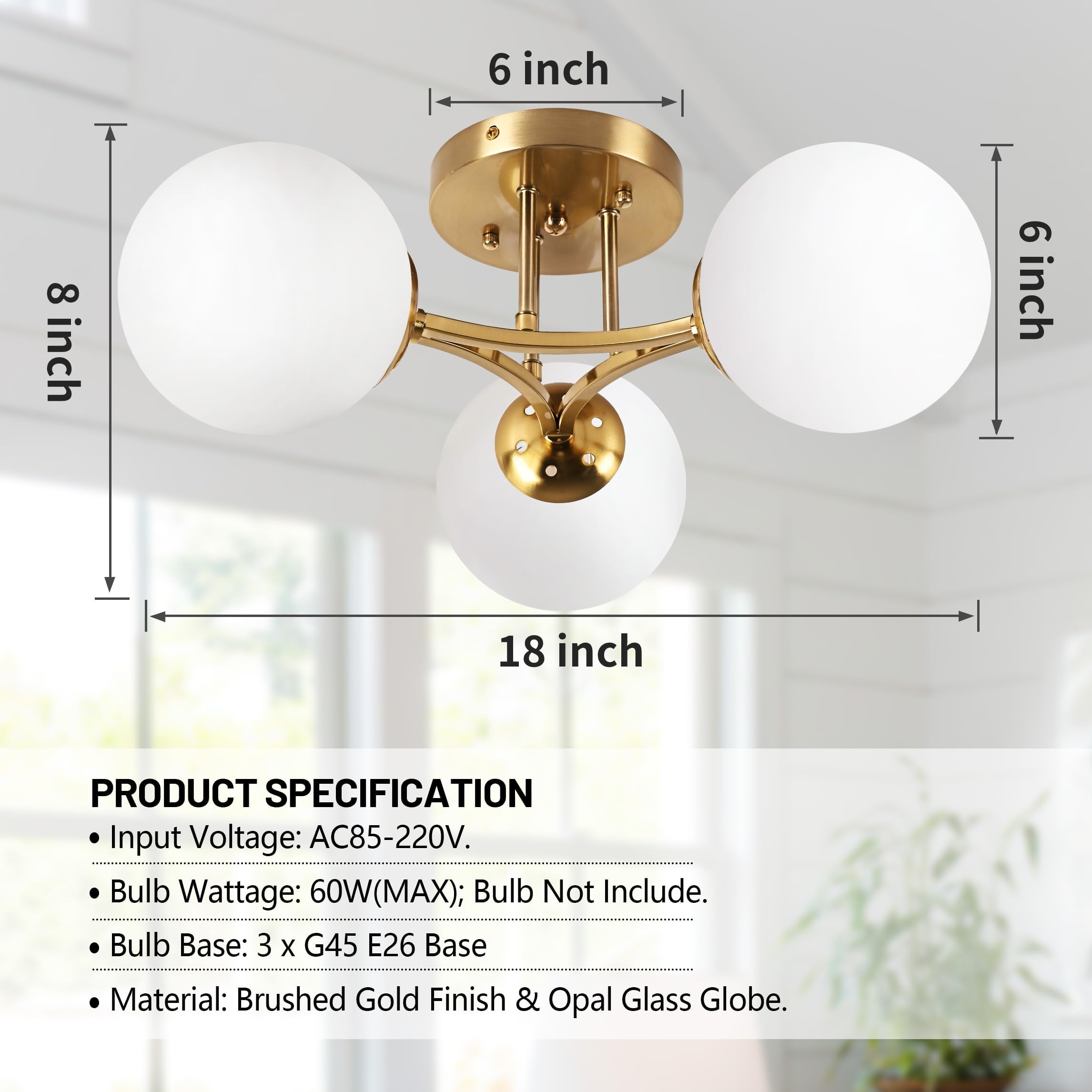 Bagood Mid Century 3-Light Ceiling Light Fixture, Gold Brass with Milk Glass Shade, 18 inches, Model DY1948-3Lights