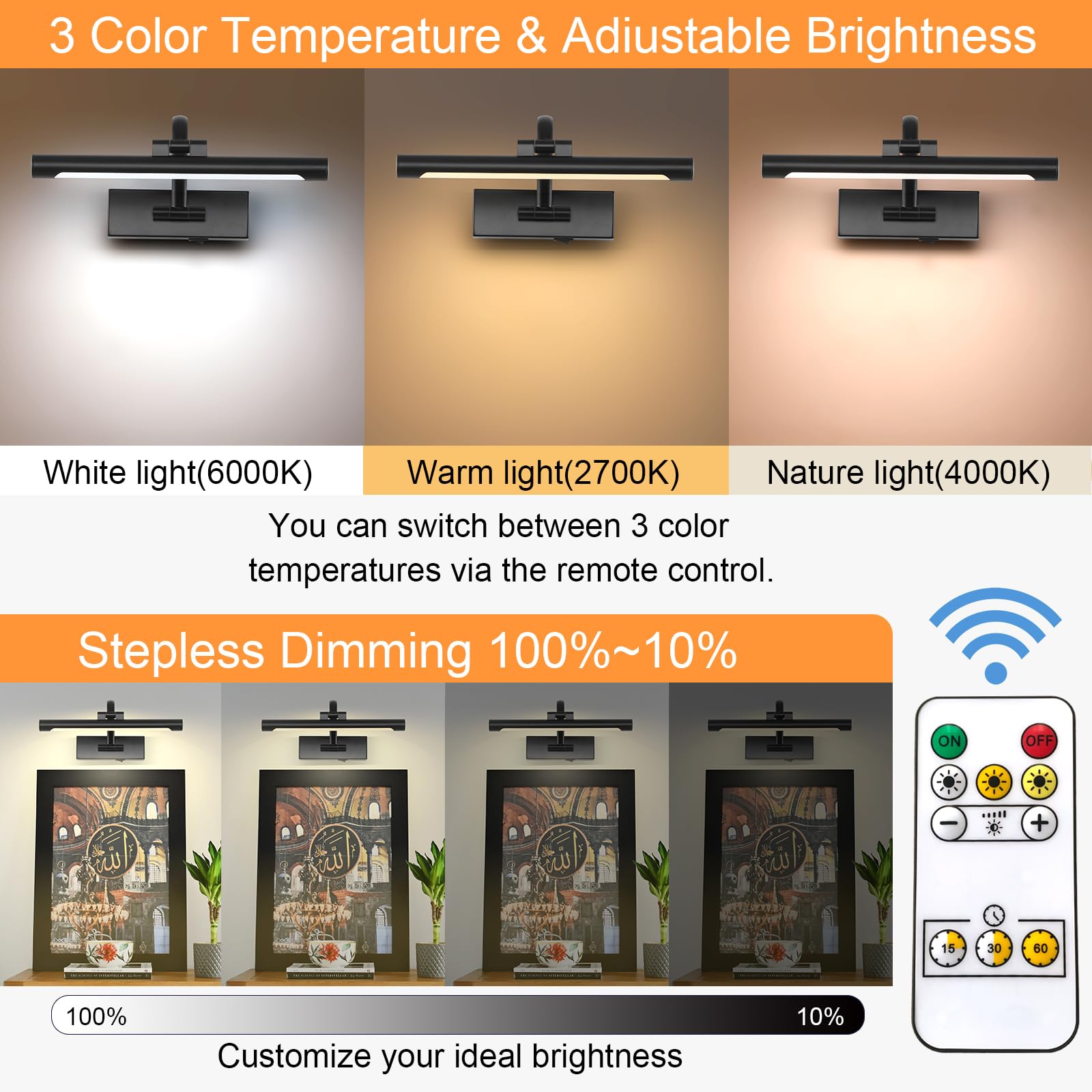 Tassuowell Battery Powered Picture Light With Remote And Timer,Full Metal Art Light With Swing Arm,12 Inch Dimmable,3Cct In One,
