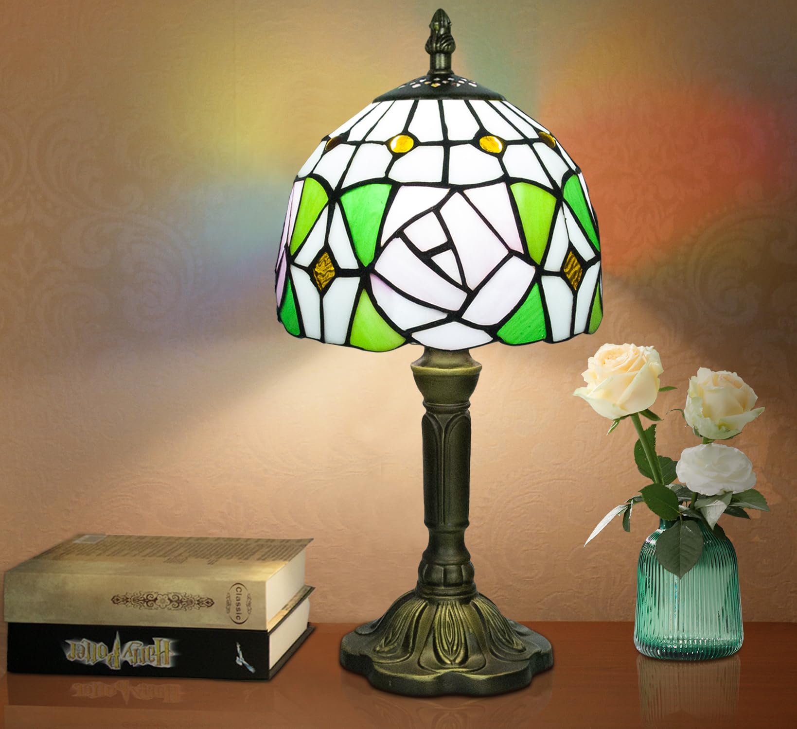 Crefotu Tiffany Style Table Lamp, Stained Glass, 8 Inch, 3 Color Temperatures, Rose Pattern, Model CFLP-0001