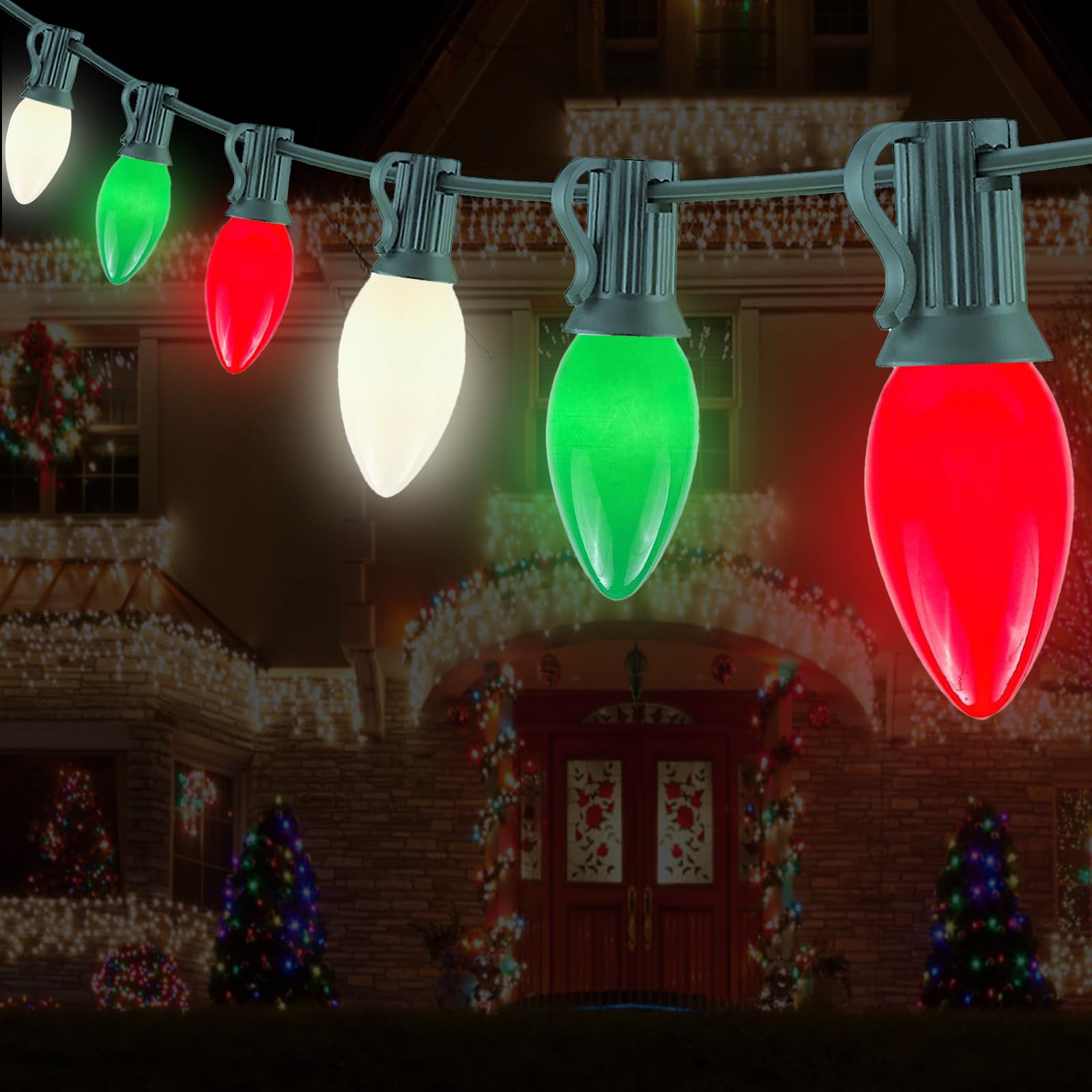 Chyparty 25Ft C7 Christmas Lights Outdoor  Red Green White 3-Color Led String Lights For Roof  Fence  Tree  Wedding  Party  Patio  Bright Holiday Decor