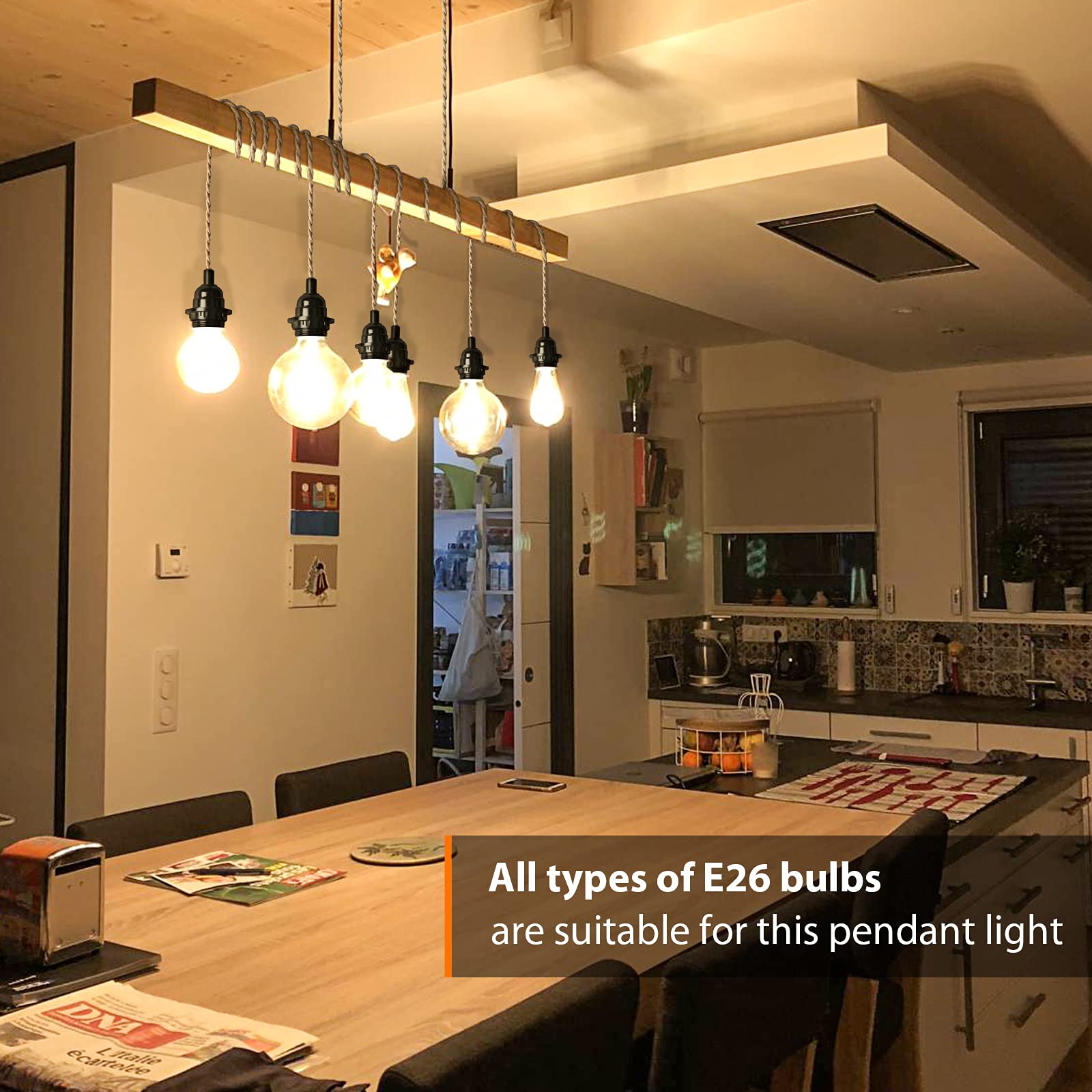 HURYEE Plug in Hanging Light Fixture, 15FT Hemp Rope Pendant Lamp, E26 Bulb Socket, Yellow, Model RP50-1