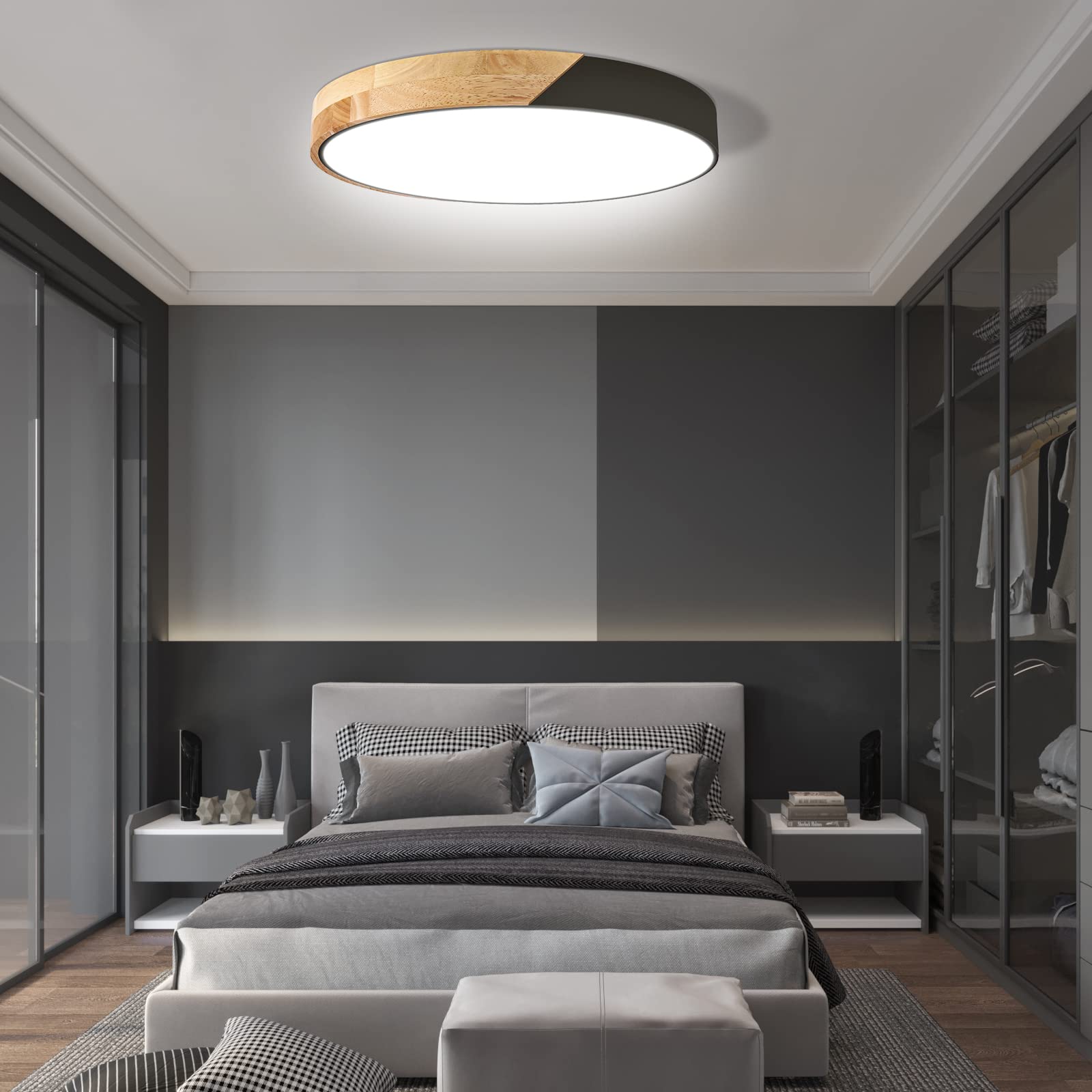 Led Ceiling Light Flush Mount: 15.8 Inch 30W Bedroom Light Fixture With Round Wood Modern Black Flat Overhead Minimalist Ceiling Lamps For Kitchen Hallway Laundry Cold White 6000K, Not Dimmable