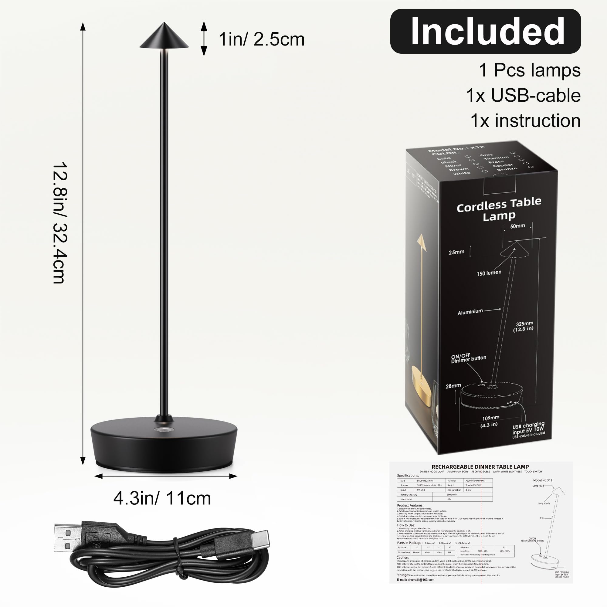 JALVDE Cordless Table Lamp, Rechargeable LED, Dimmable, Aluminum, Black, 2 Pack, Model D-W-07