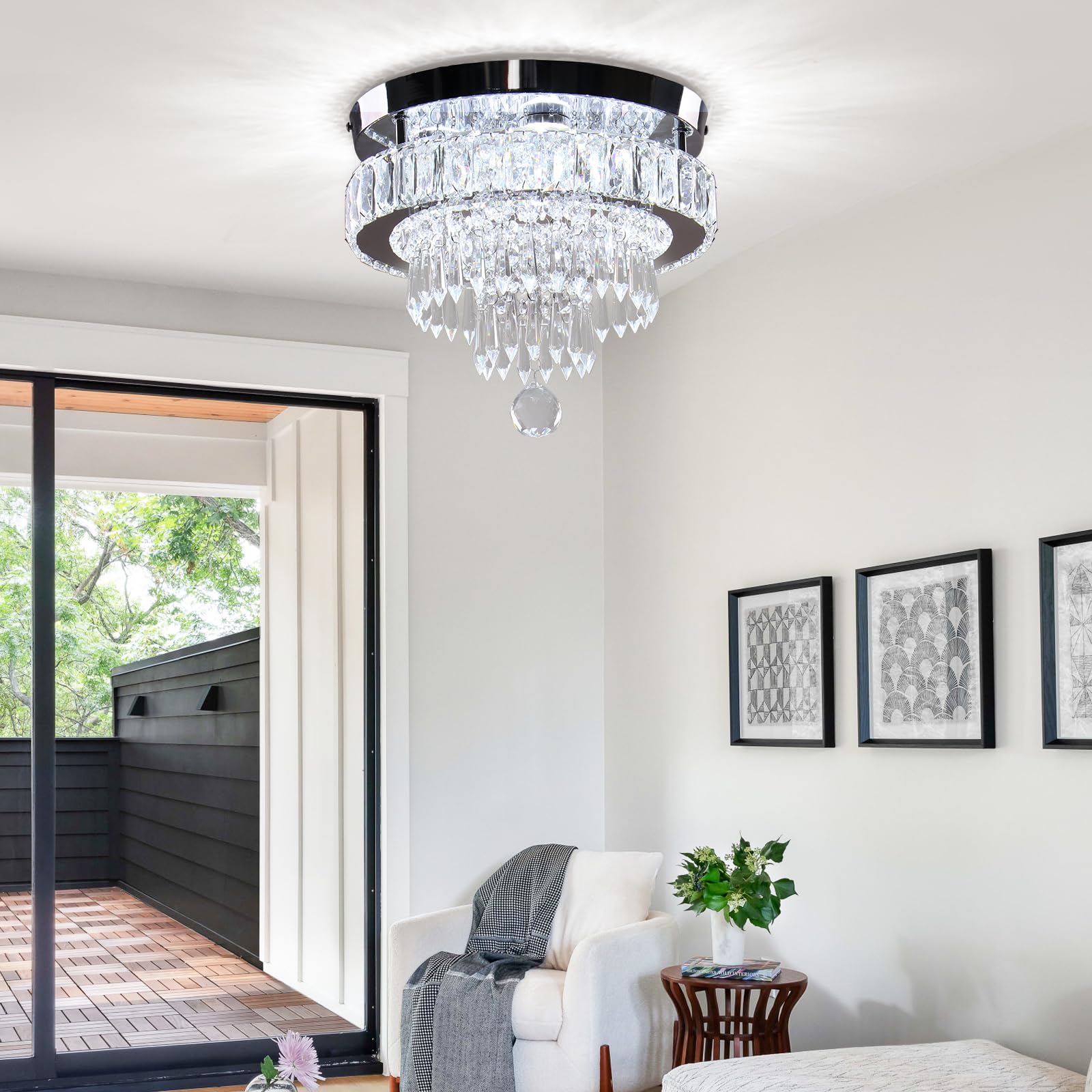Finktonglan 11.8" Crystal Ceiling Light, LED Semi Flush Mount Chandelier, Cool White, Model CL300-C