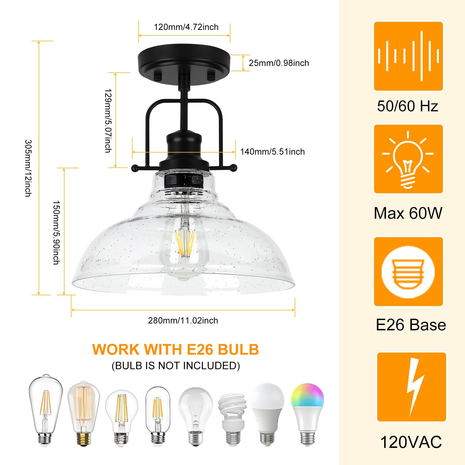 Wilon Farmhouse Ceiling Light, Kitchen Lighting Fixtures Ceiling Lamp, Seeded Glass Black Ceiling Light, Semi Flush Mount Ceilin