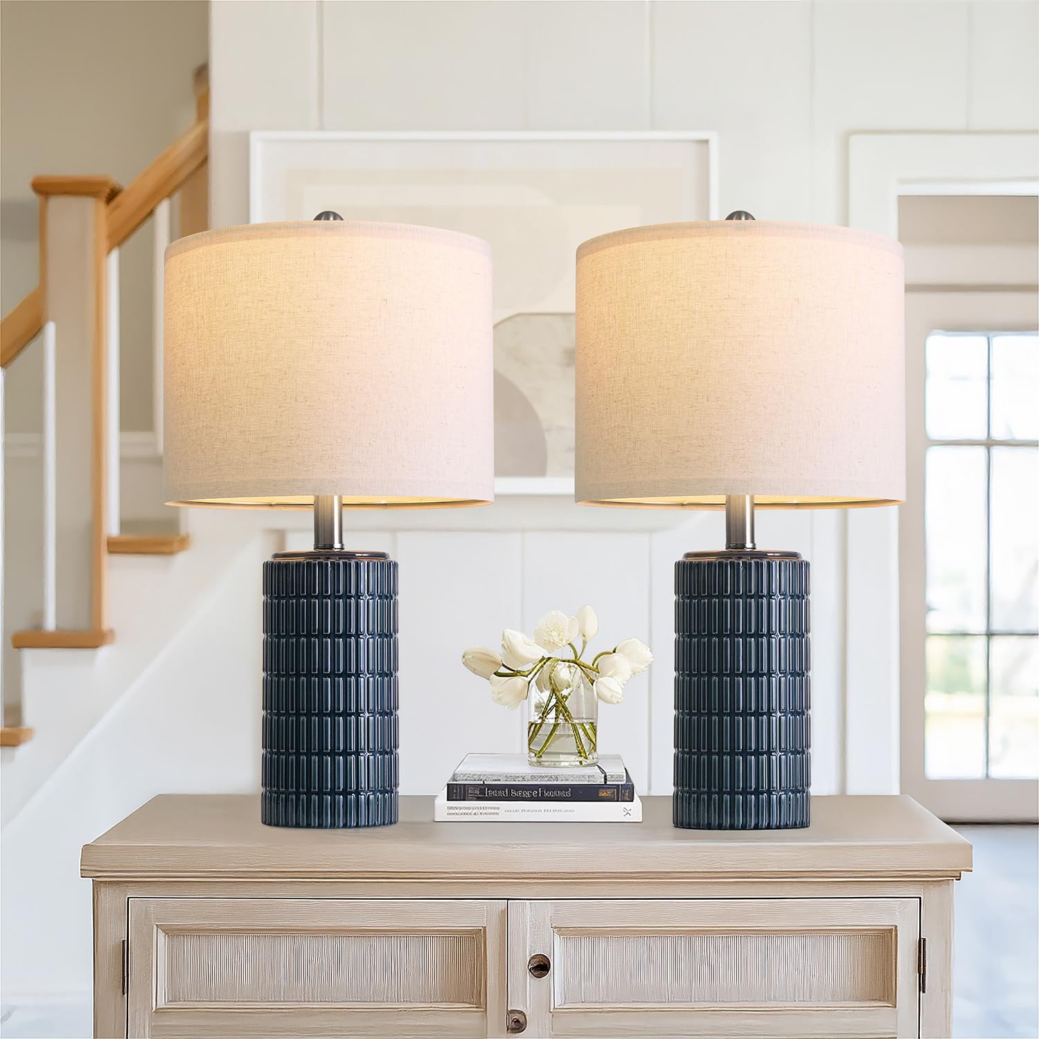 PoKat 20.75 Small Blue Table Lamps  Farmhouse Bedside Lamps for Bedroom Set of 2  Ceramic End Table Lamps for Night Stands Living Room  Modern Nightstand Desk Lamps  Dark Blue