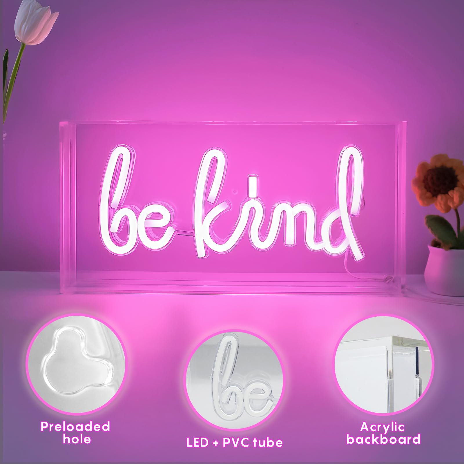 HOSITARK Be Kind Neon Sign Desk Lightbox USB LED Acrylic Pink Model HTK-Be Kind-Pink