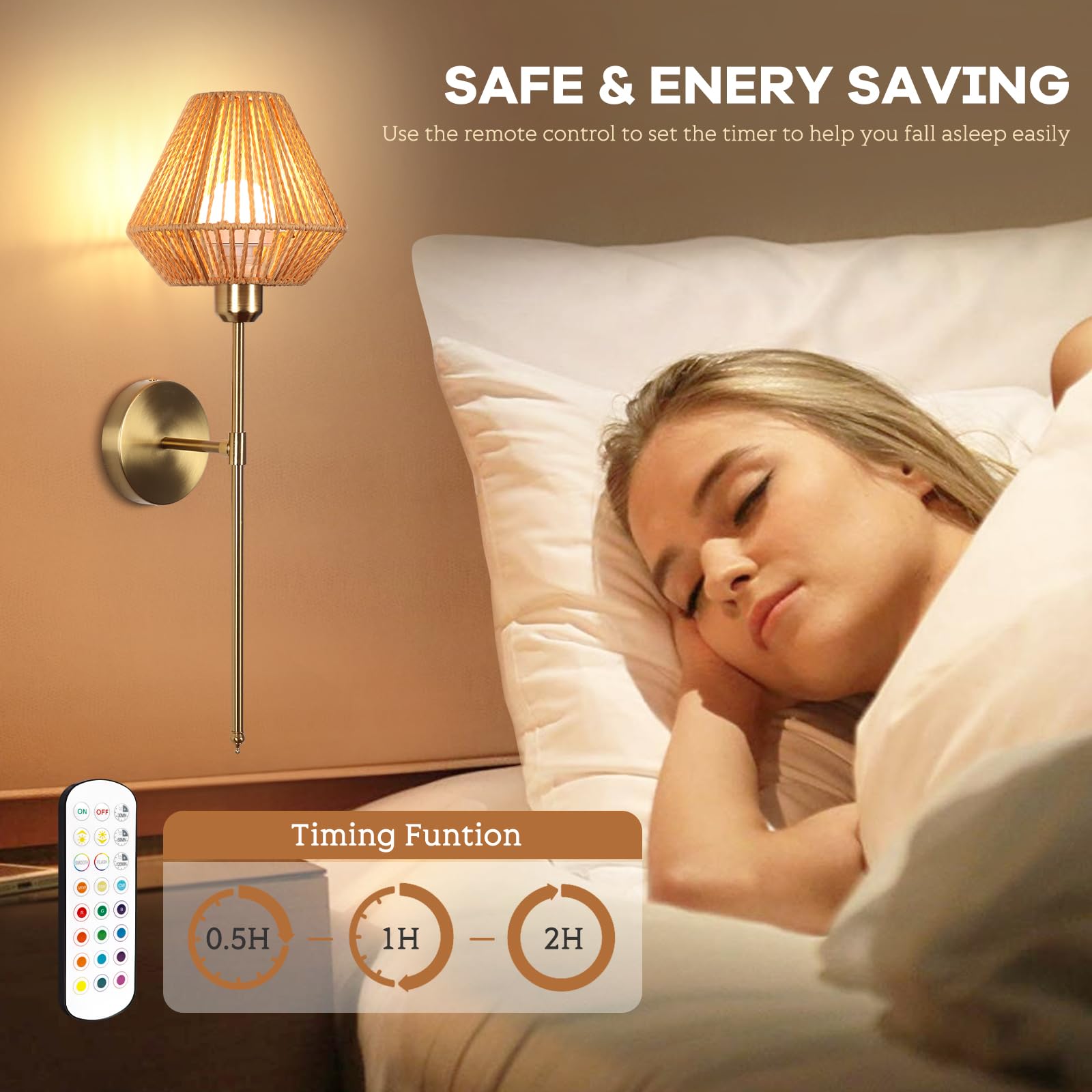 Battery Operated Wall Sconce Set of 2, Rattan Rechargeable Wall Light Dimmable with Remote Control, 15 Color Changing and Timer,