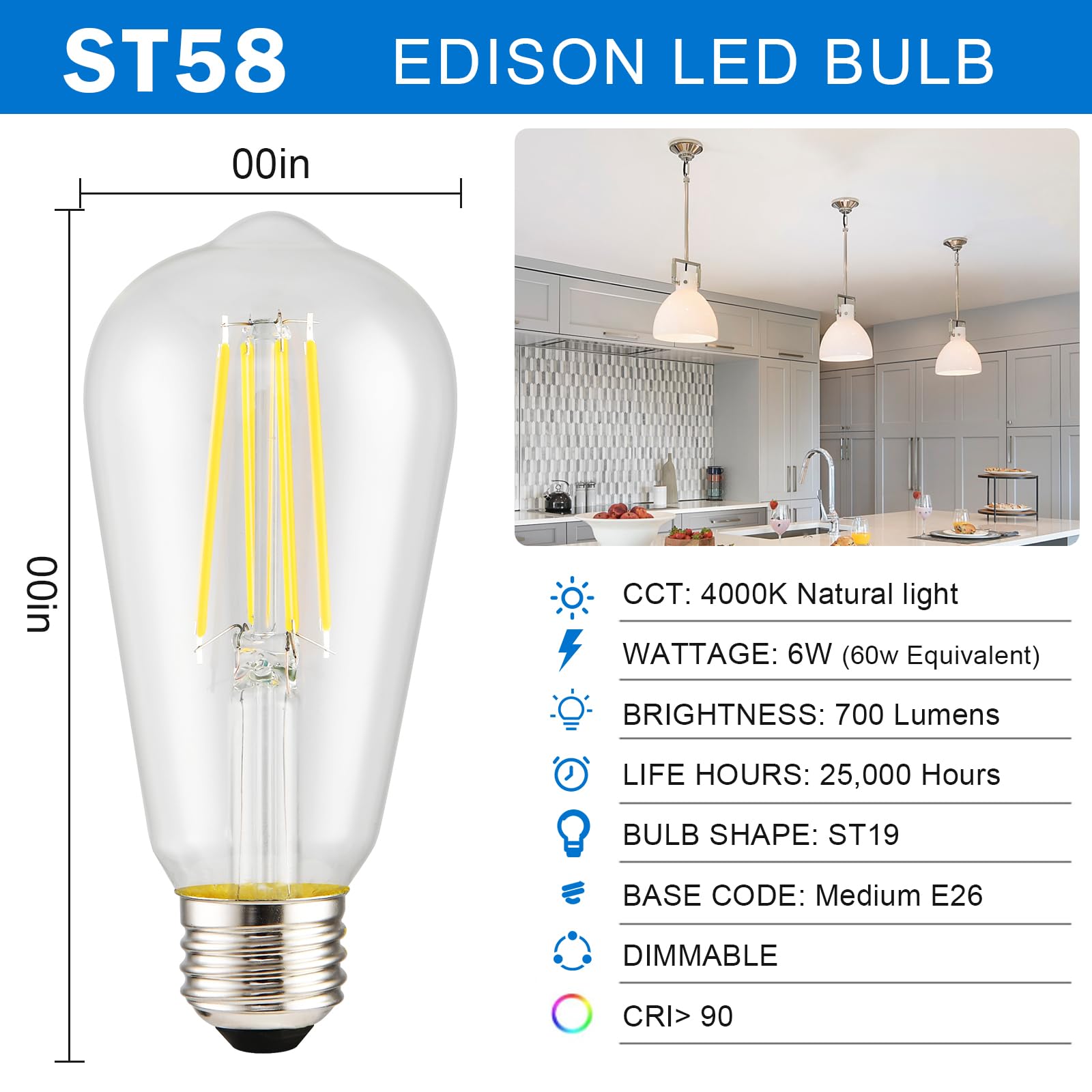 Hession Vintage Led Edison Bulb, 6-Pack St58 6W, Equivalent 60W Neutral Natural Light 4000K E26 Medium Base Antique Vintage Styl
