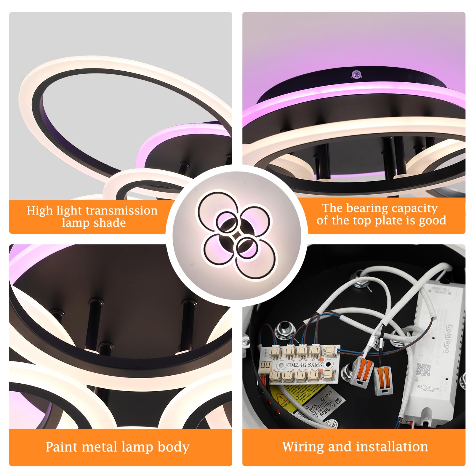 Stch Modern Led Flush Mount Ceiling Light Dimmable, Ceiling Light Fixture With Remote, Black 6 Rings Lighting Fixture Ceiling La