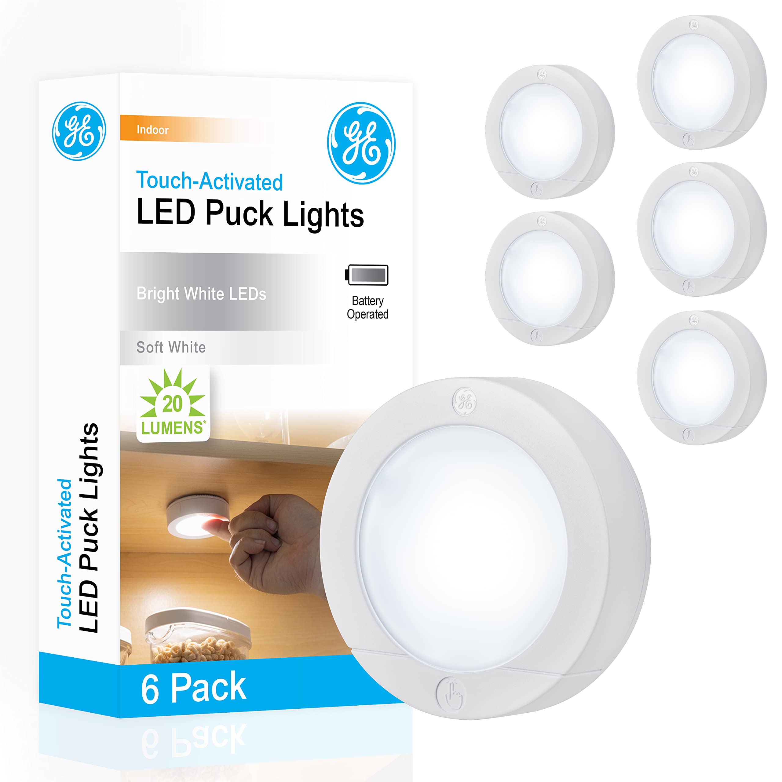 GE Wireless LED Puck Lights, 6 Pack, Battery Operated, 20 Lumens, White, Model 45994