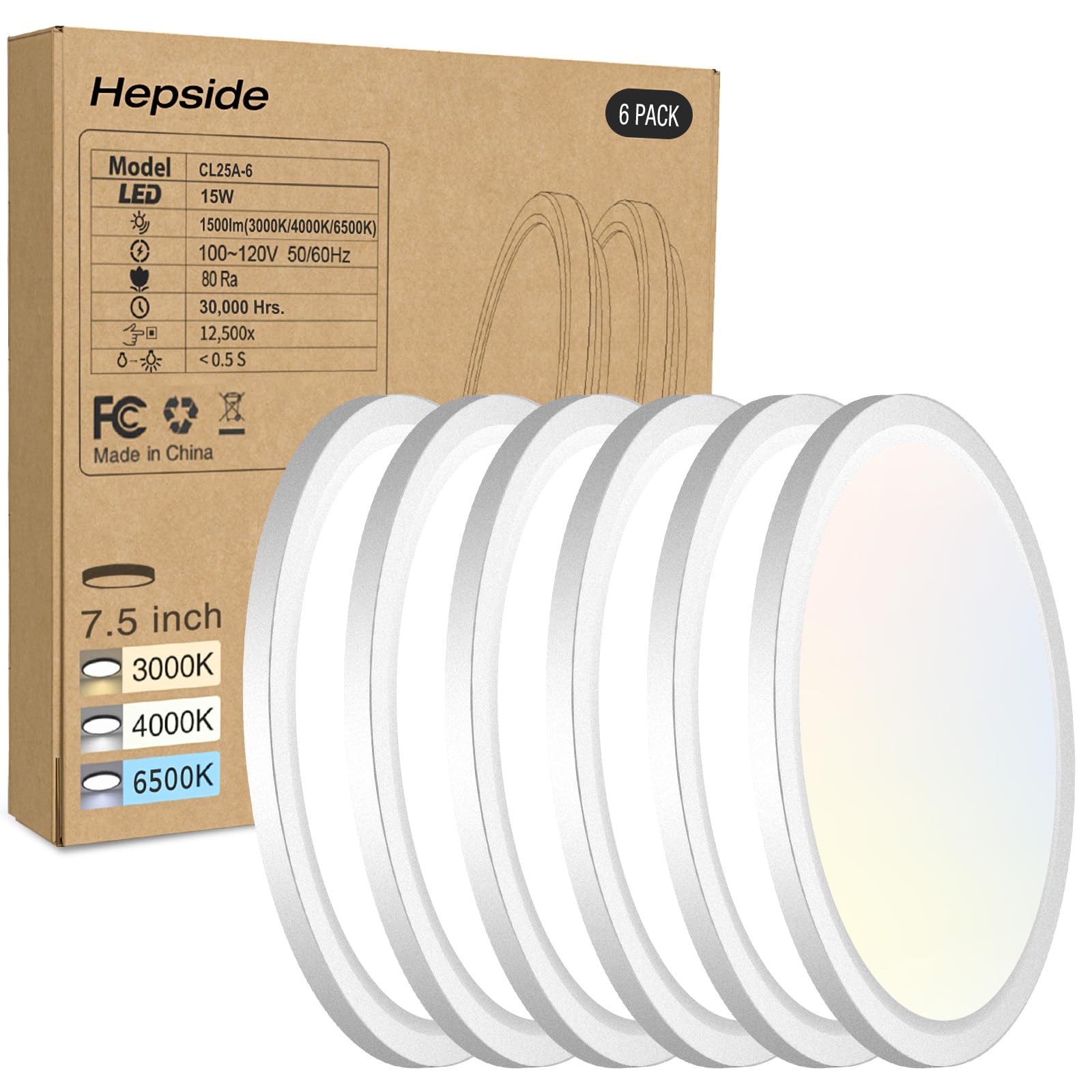 6PACK LED Flush Mount Ceiling Light, 3000K-4000K-6500K & 100W Equivalent Modern Kitchen Recessed Ceiling Lamp 15W 1500Lm 7.5 Inc