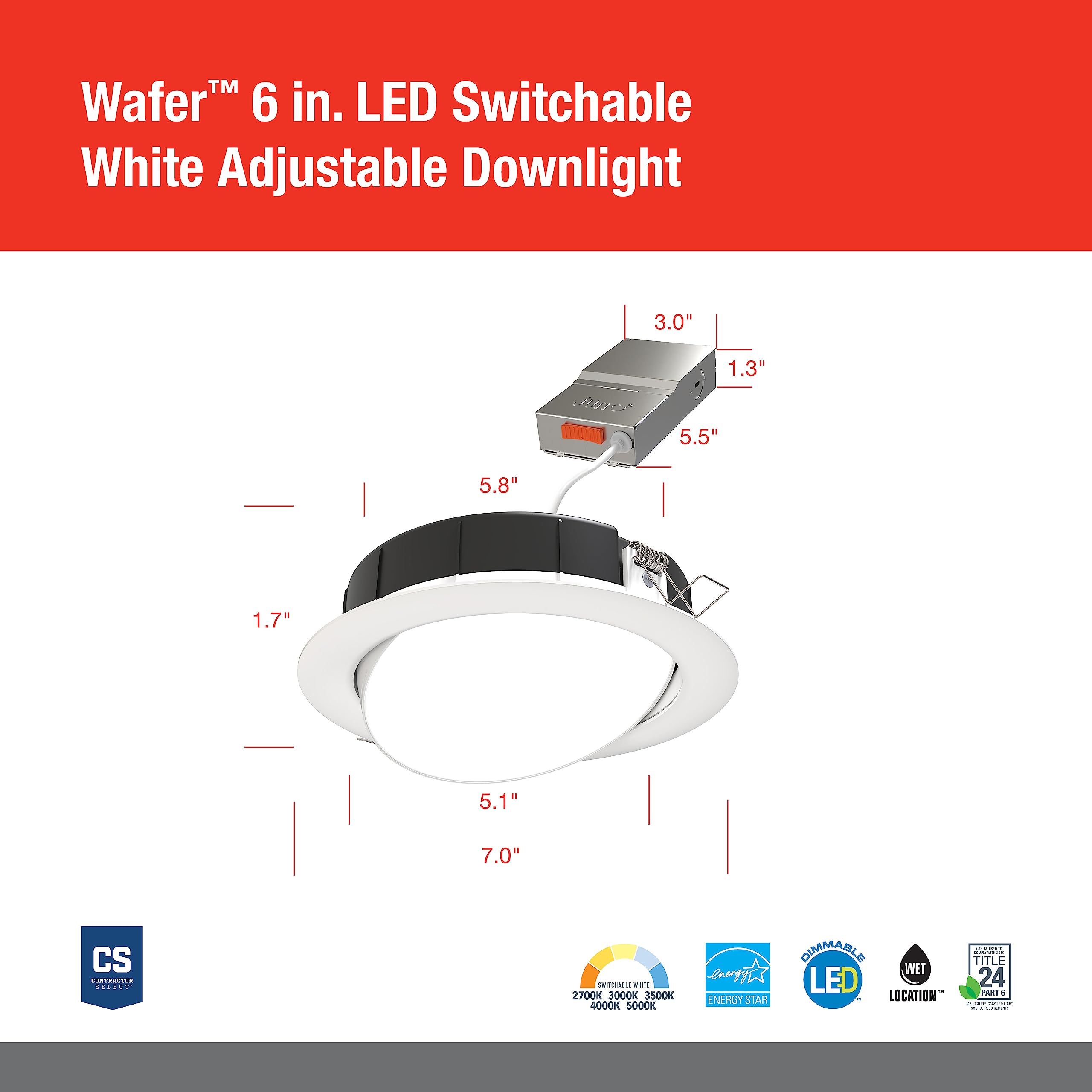 Juno Led Shower Light, Adjustable 6 Inch Wafer Downlight, Switchable Color Temperature 2700K/3000K/3500K/4000K/5000K, 90+ Cri, Matte White, 6-Inch (Wf6 Adj Sww5 90Cri Mw M6)