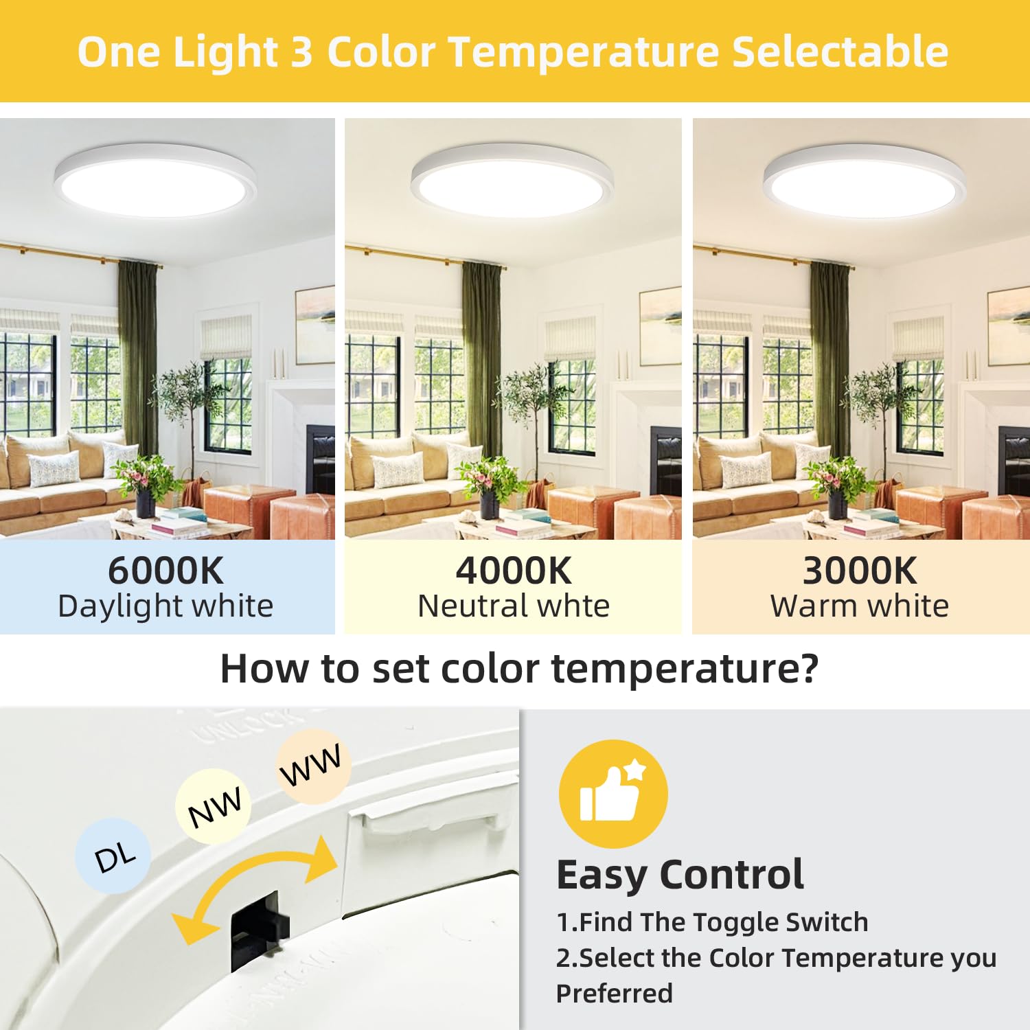 RLEDPZTX 16" LED Flush Mount Ceiling Light, 32W 3480lm, 3CCT Selectable, Modern White Panel, for Living Room, Kitchen, Bedroom (