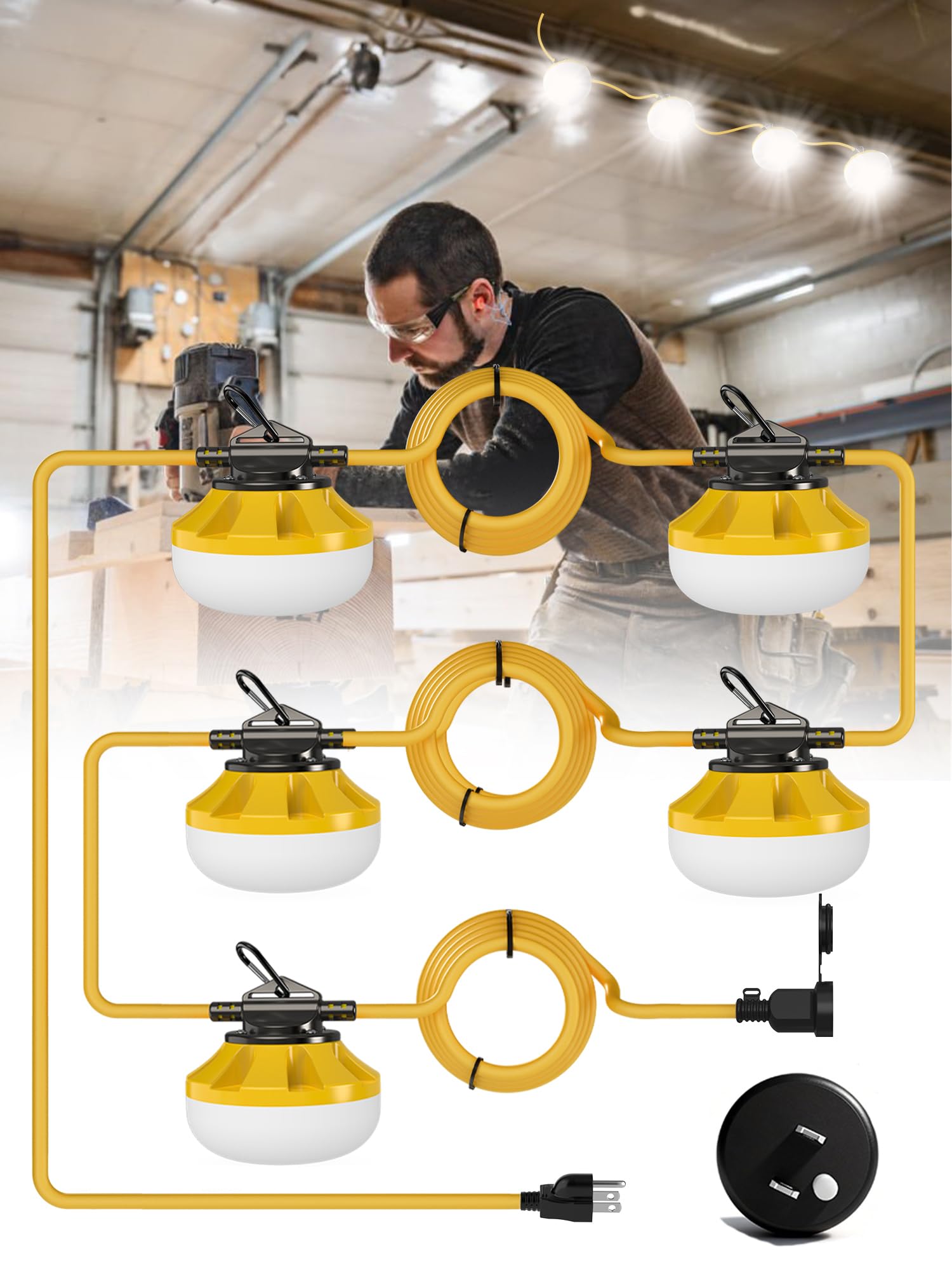 HYPERLITE Construction String Lights: 50FT 5 Bulbs Work Lights with 3 Prong - IP65 Waterproof Linkable LED Industrial Temporary Lighting for Construction Sites Attic Crawlspace Renovation