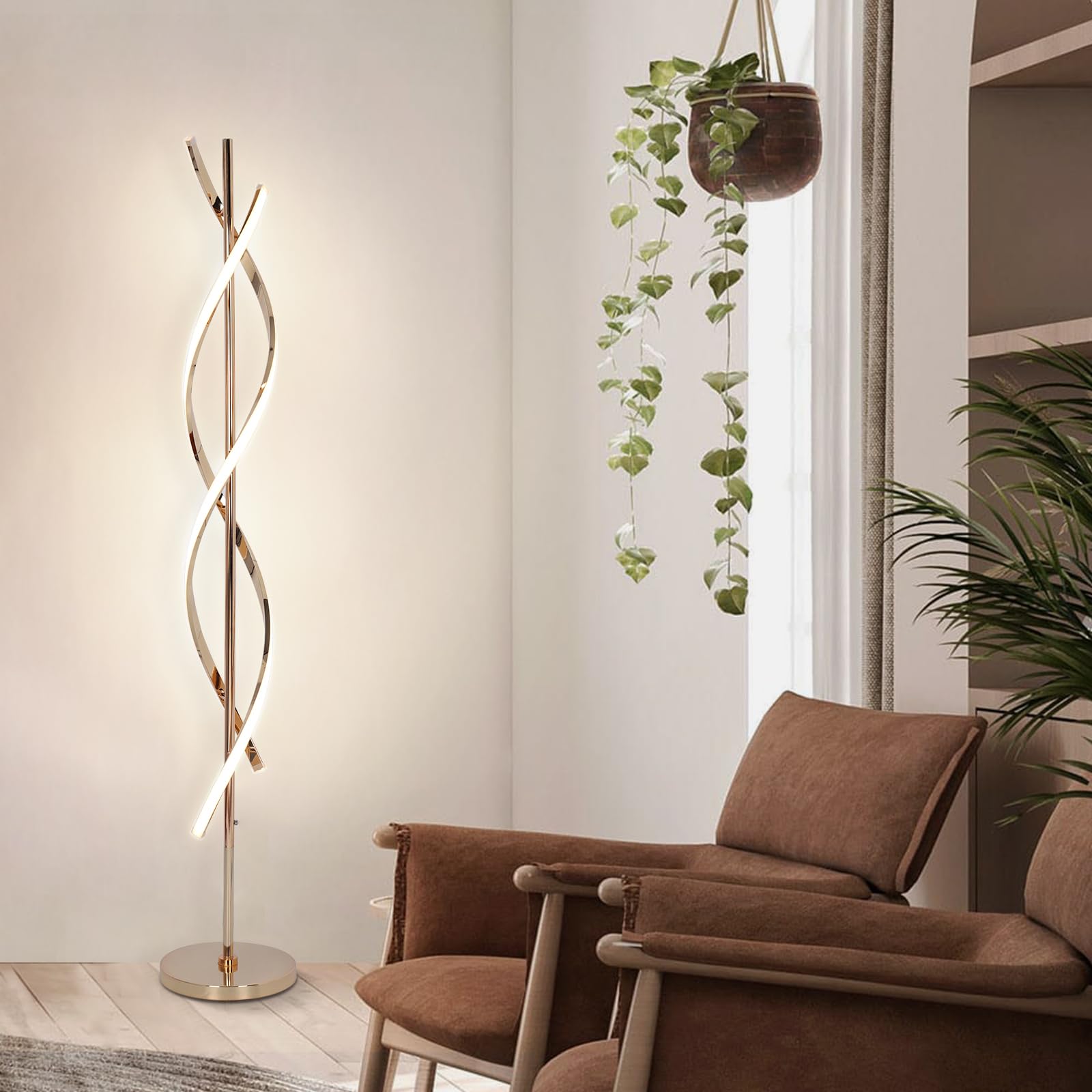 EIDEARAY LED Modern Floor Lamp, 40W Dimmable, Color-Changing, 60" Spiral Design, Gold, Model LDD-G1