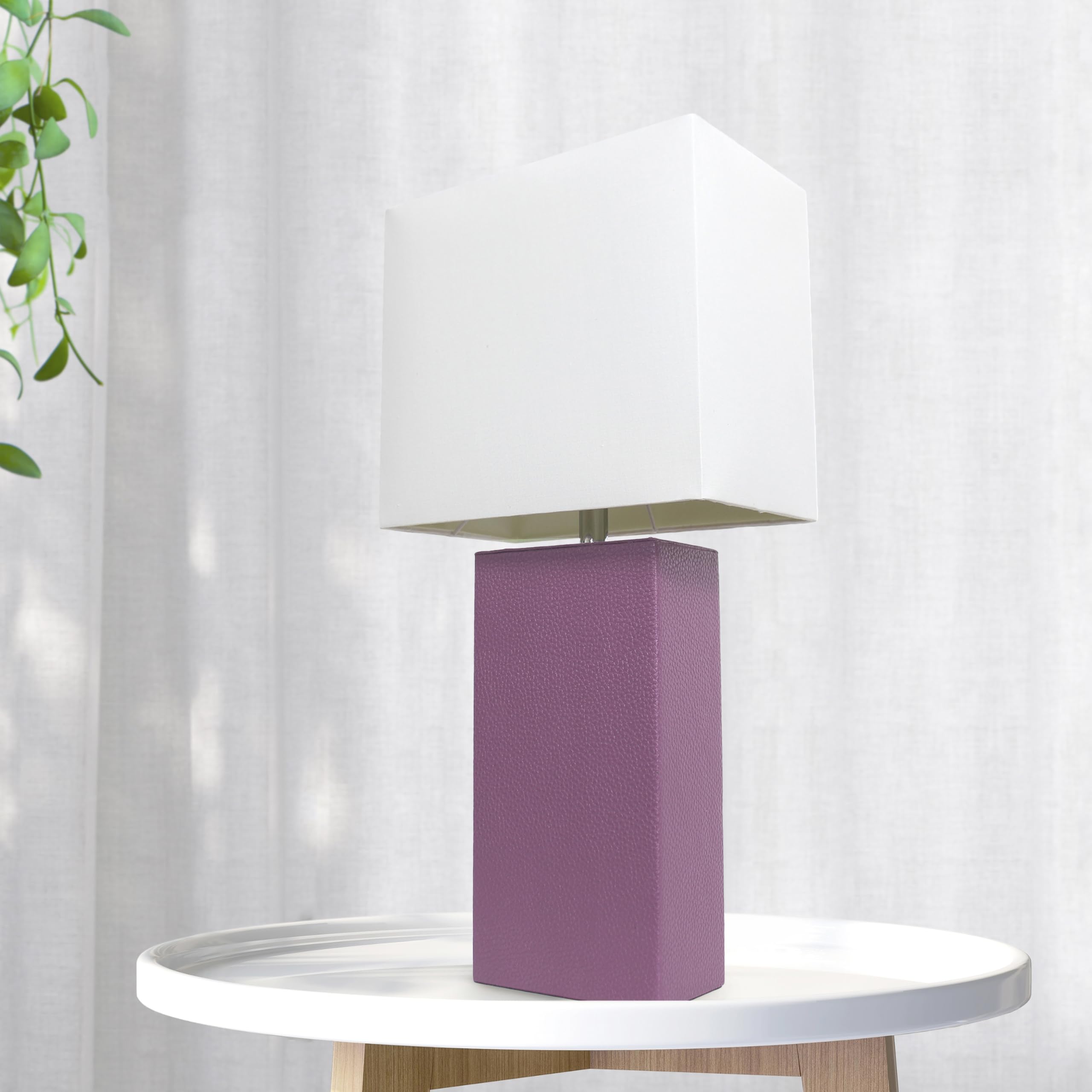 LALIA HOME Lexington 21in Leather Base Bedside Table Lamp, Purple Fabric Shade, Modern Décor for Living Room, Bedroom, Office