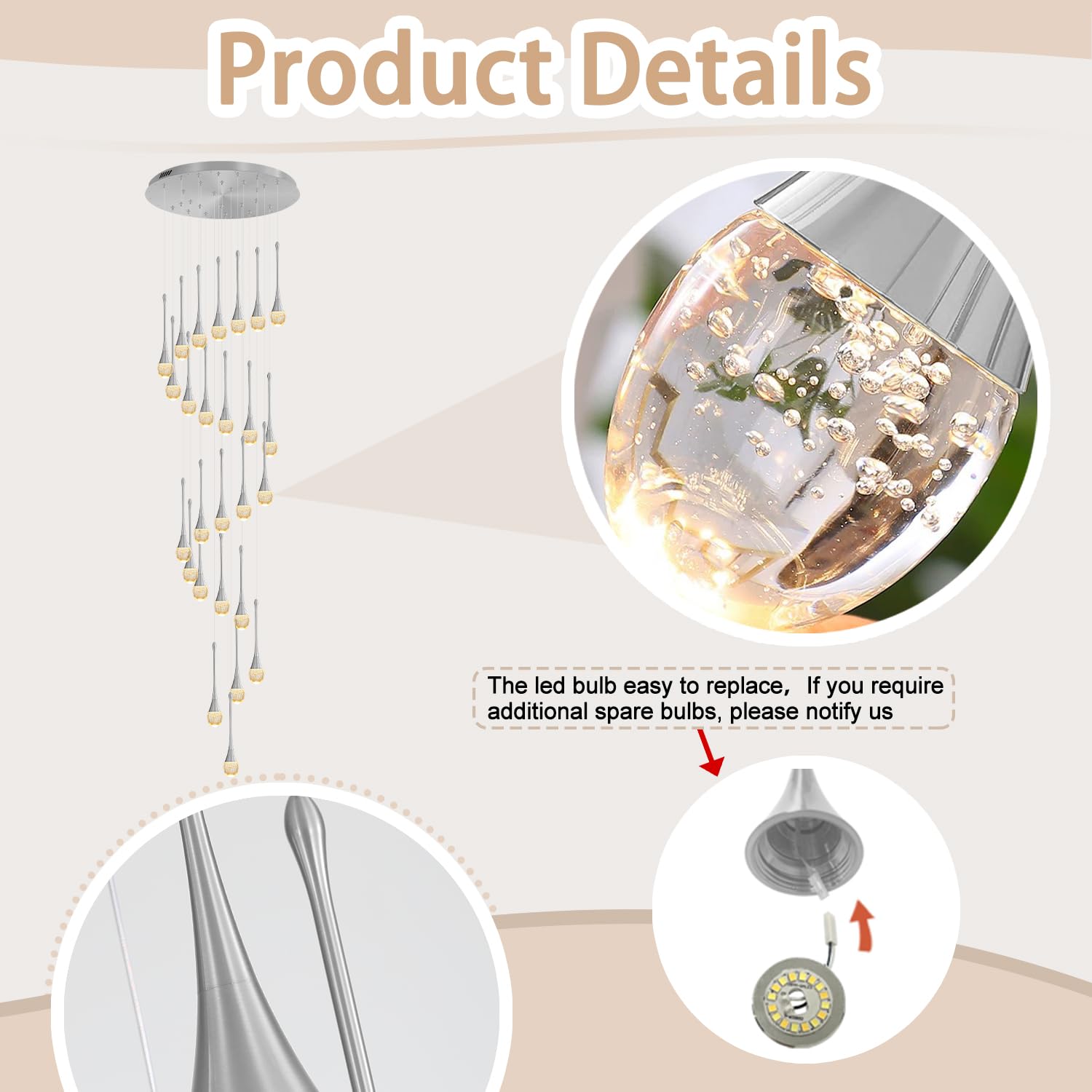 ykolupty Large Crystal Chandelier 138" K9 Raindrop Light 26-Lights Silver Model TP0038-26Y Dimmable 2700-6000K for High Ce