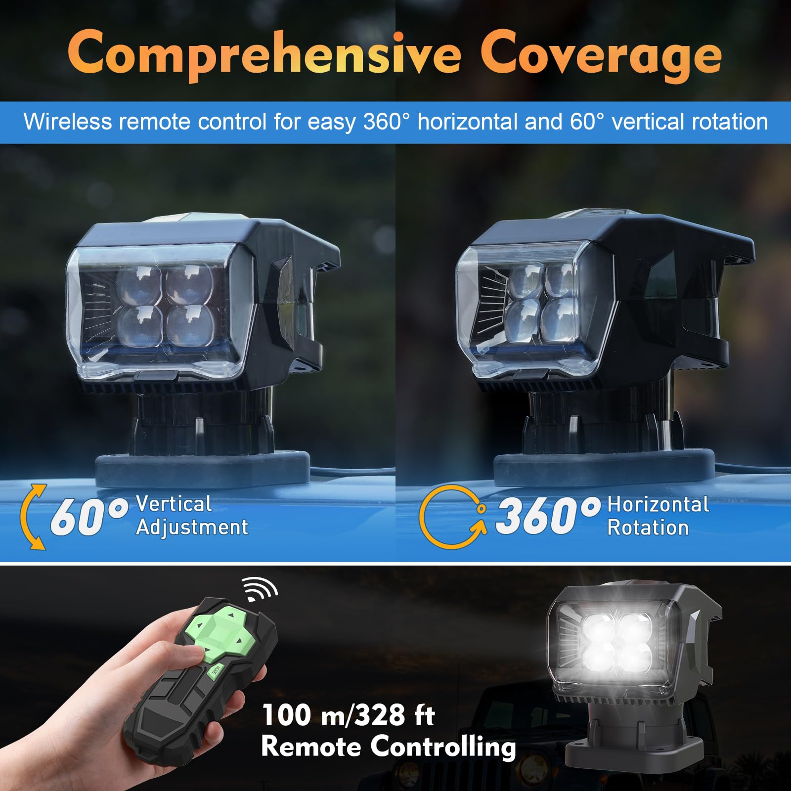 BIGACOVER Remote Control LED Spotlight, 50W Waterproof Searchlight, 360° Rotating, Black, with 5 Strong Magnets for Truck/Boat, 12V/24V