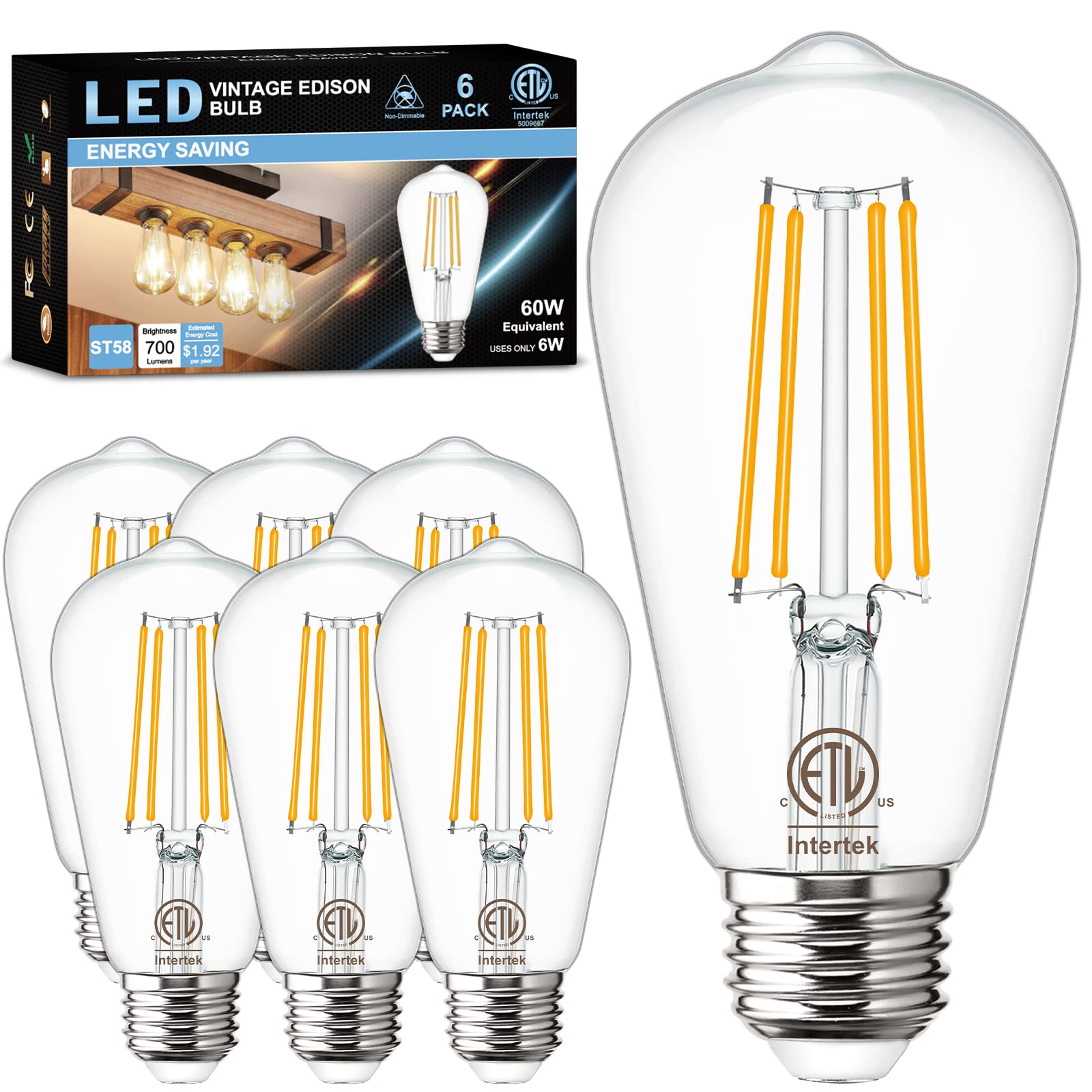 Vintage LED Edison Bulbs 4000K Natural Daylight, 6W E26 bulb 60 watt Equivalent, Golspark E26 Standard Base Clear Light Bulbs, S