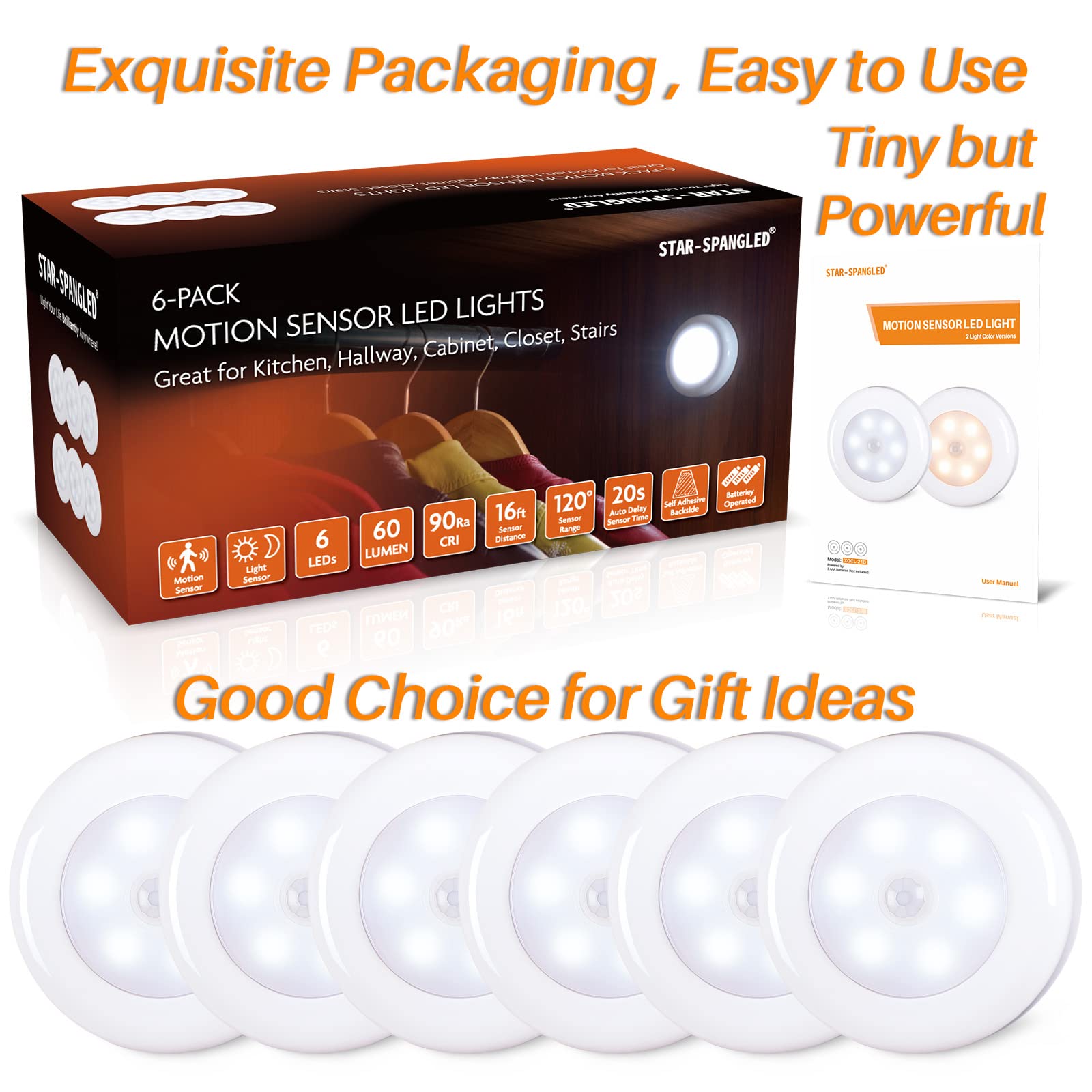STAR-SPANGLED Motion Sensor LED Puck Lights, 6 Pack, Cool White, Battery Operated, Model CA-21B, Perfect for Stairs & Cabinets