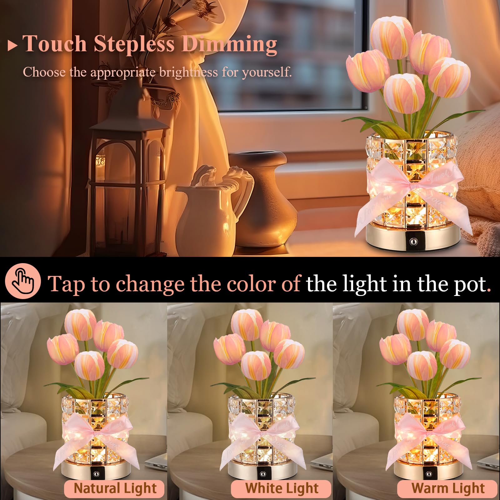 Tulip Flower Lamps, Rechargeable Cordless Small Desk Lamp, 3 Colors Dimmable Artificial Flowers Night Light, Fake Bouquet 5 Tuli