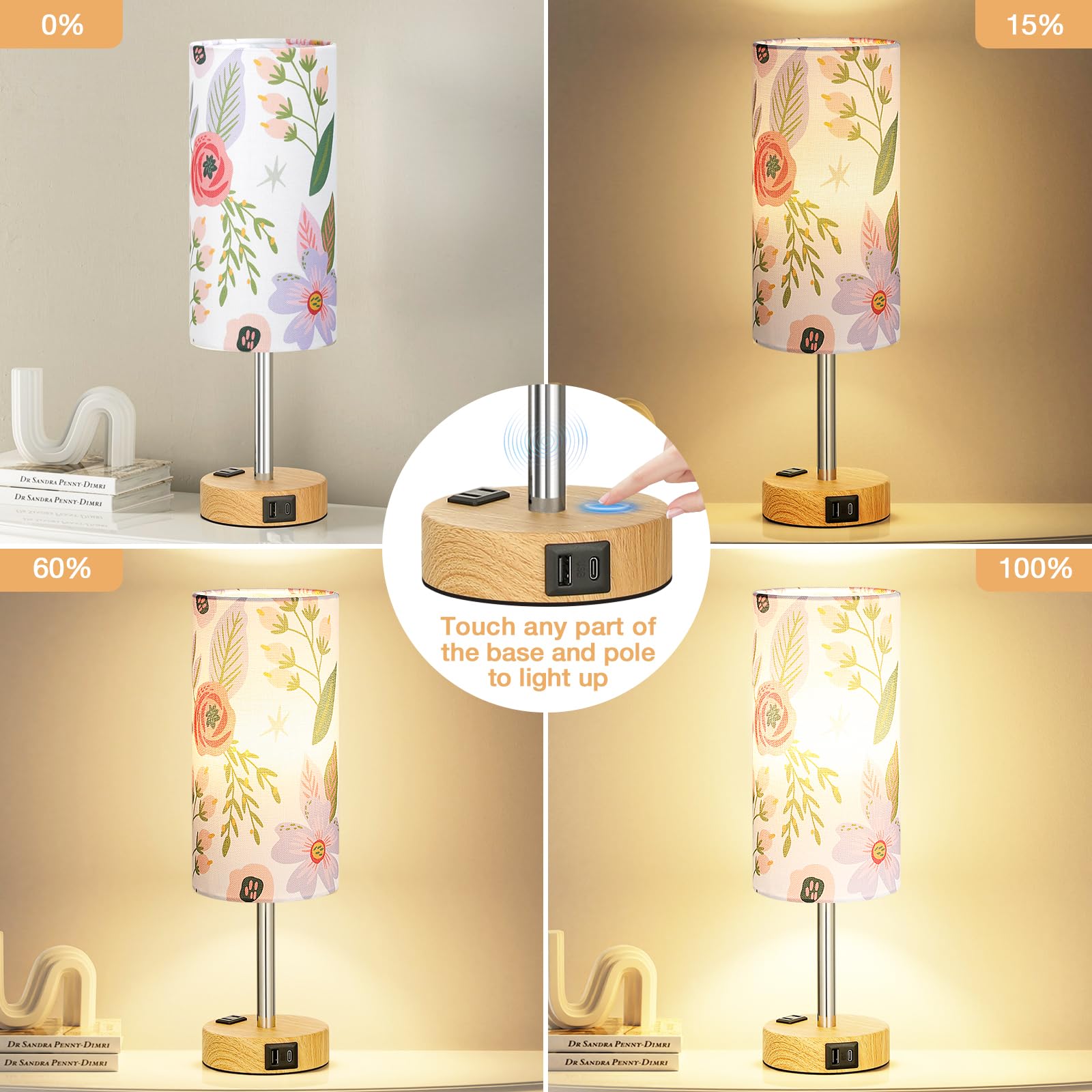 Fenmzee Floral Touch Lamp For Bedroom- 3 Way Dimmable Bedside Lamp Usb C A Charging Ports And Ac Outlet, Small Table Lamp Floral