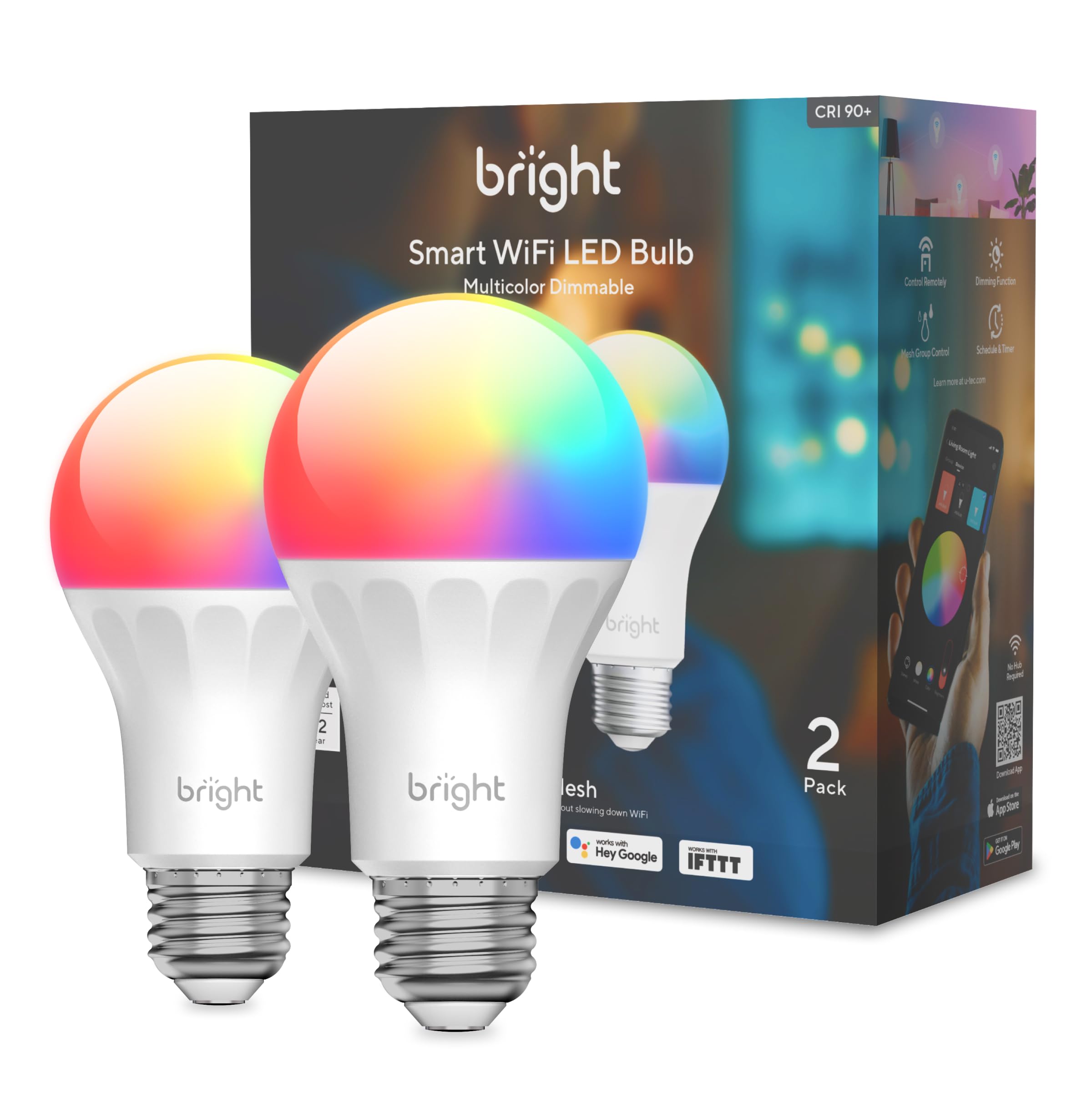 U-Tec Smart Light Bulbs, 1100 Lumen, 90+Cri Wifi Mesh & Bluetooth Color Changing A19 Light Bulb, 16 Million Diy Colors Rgb Light