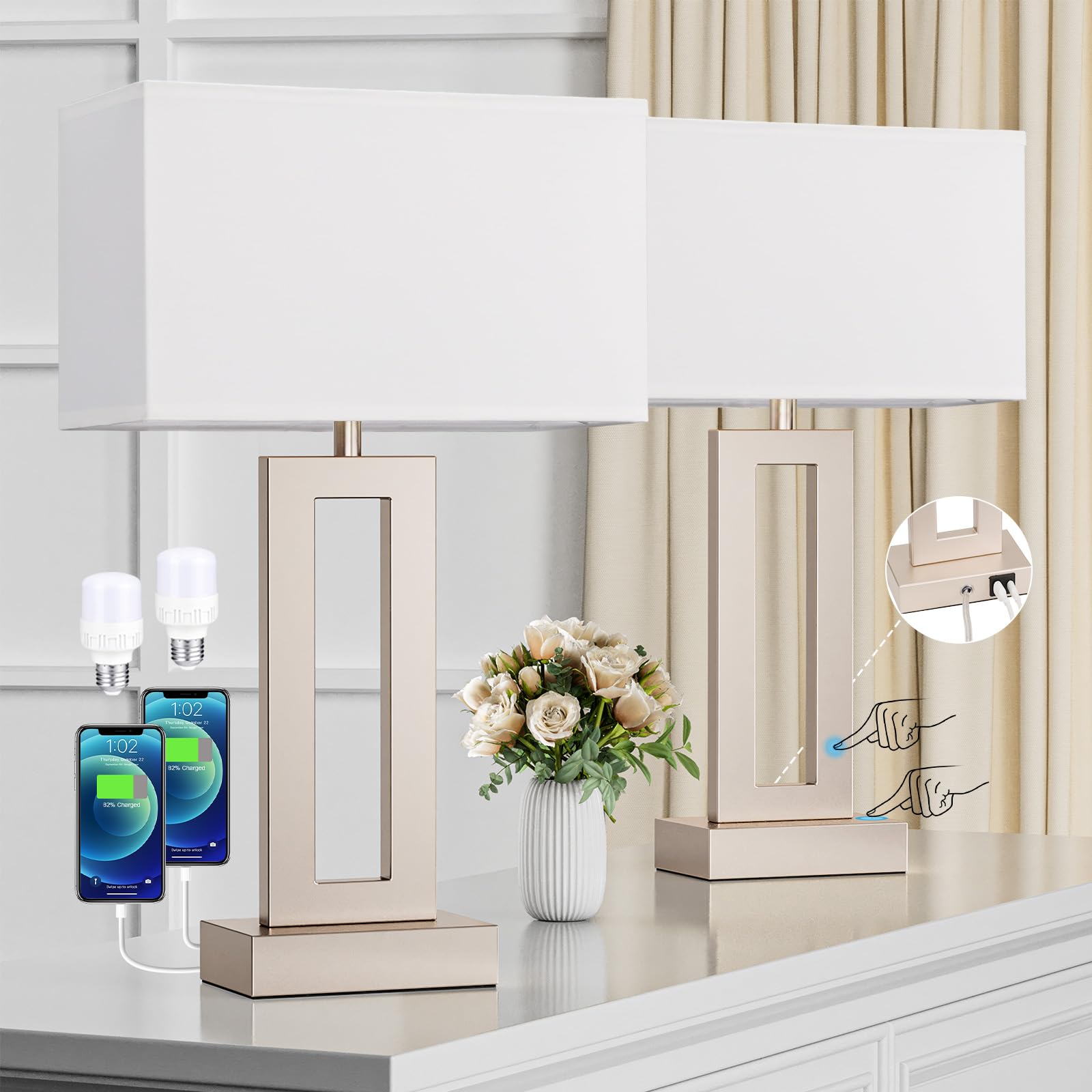 Seealle Nightstand Table Lamps Set of 2 - Touch Control, USB C+A, 3-Way Dimmable, Medium Size, White & Flash-Grey