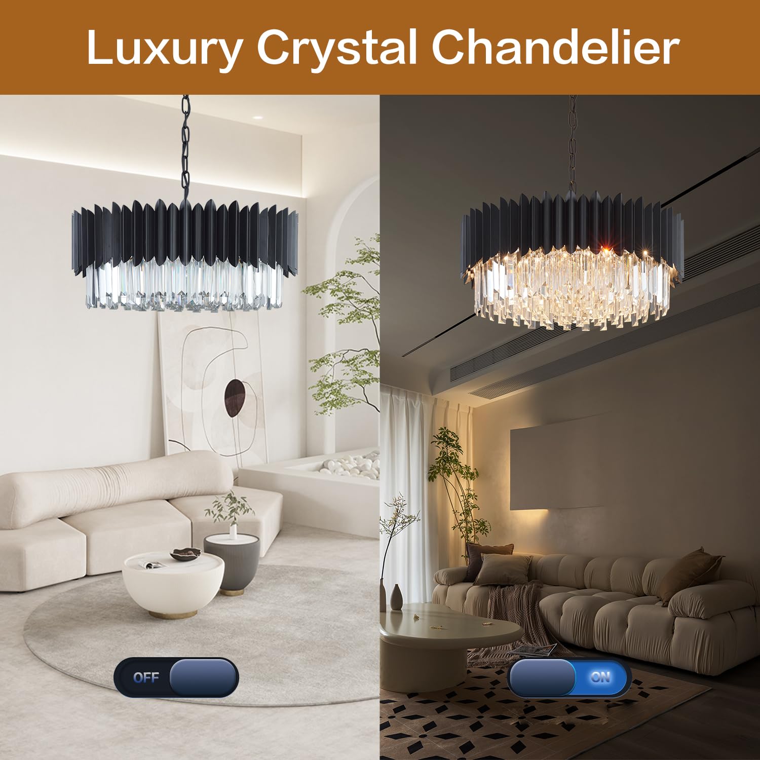 YOLIZUOT Black Crystal Chandelier 24" K9 Pendant Light, 5-Tier Modern Design for Dining Room, Living Room, Kitchen, Foyer