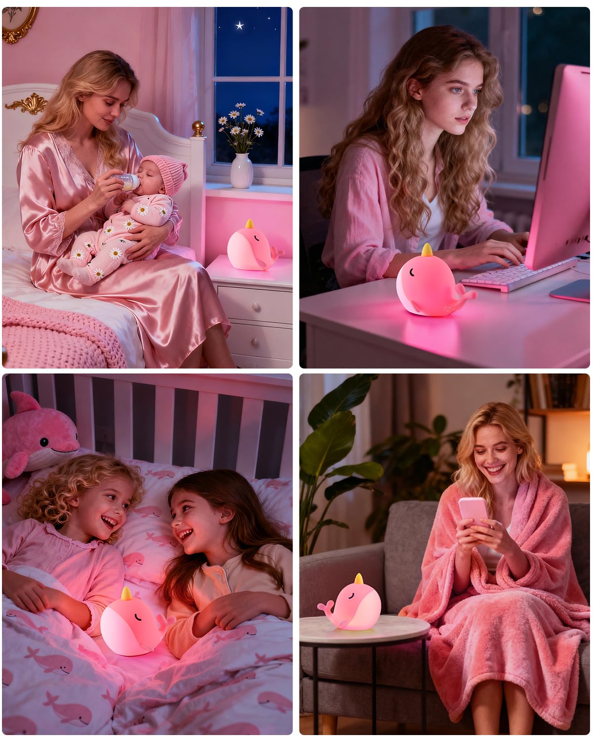 Fuloon Narwhal Night Light With Whale Shape  Squishy Silicone Kids Lamp  Safe & Soothing Touch Control For Kids And Babies  Usb-C Rechargeable  30-Min Auto Timer  Gift Idea (Pink)
