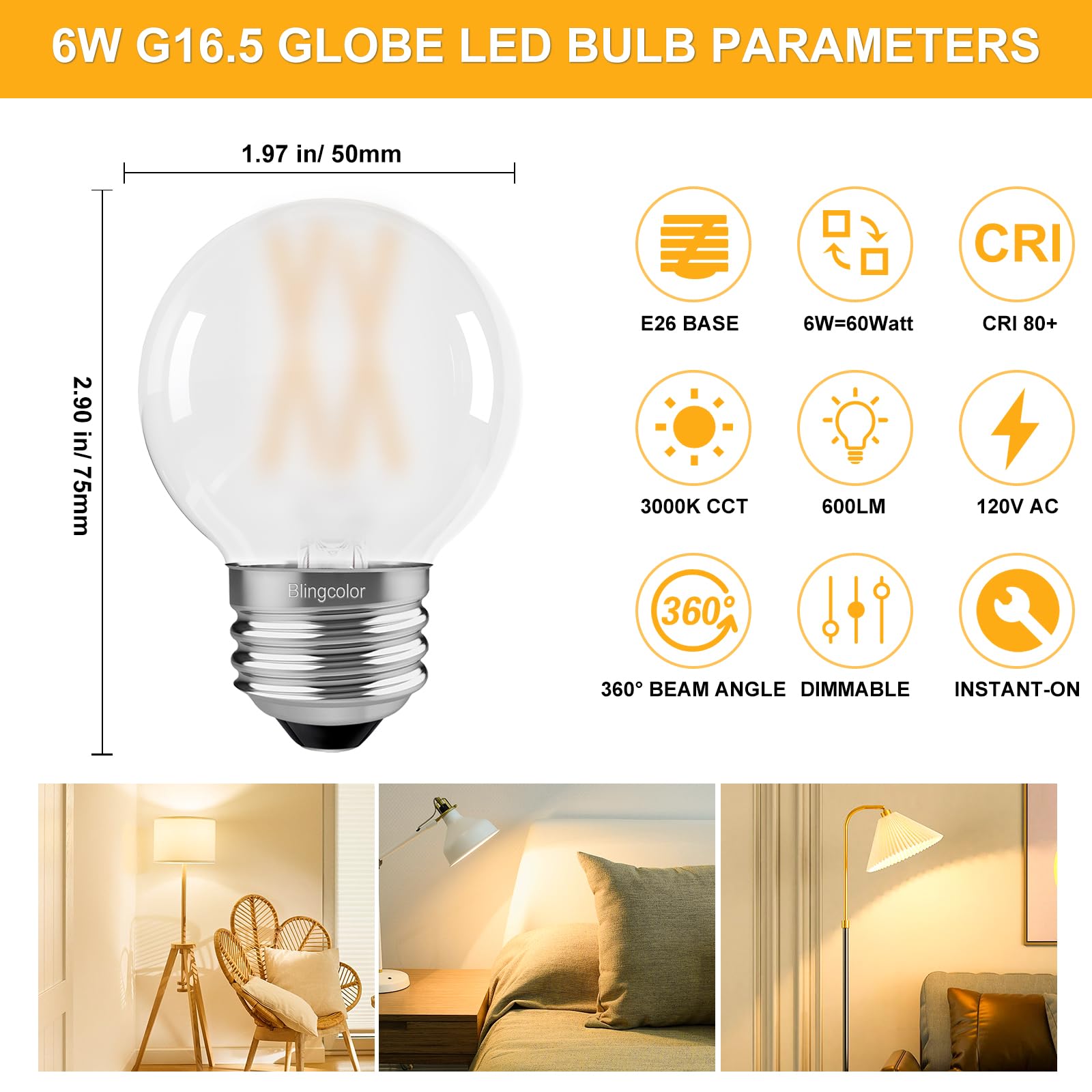 6 Pack G16.5 Frosted Led Bulbs, E26 Led Bulb 60 Watt Equivalent, 6W Dimmable G16 1/2 Led Edison Bulb 3000K Soft White, 6W E26 Le