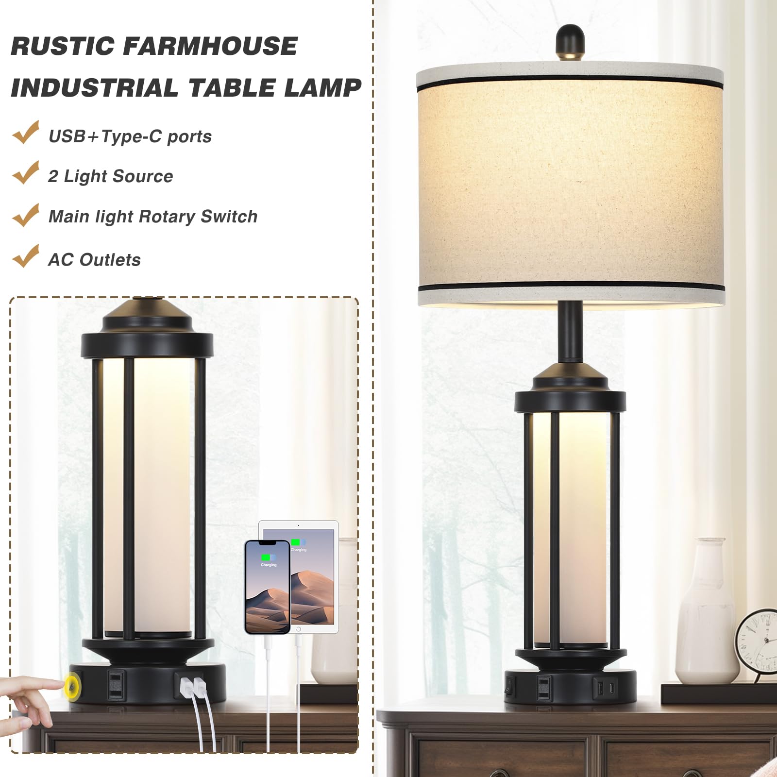 Rinweey Set of 2 Black Farmhouse Table Lamps with USB Ports & AC Outlet, 27" Modern Linen Shade