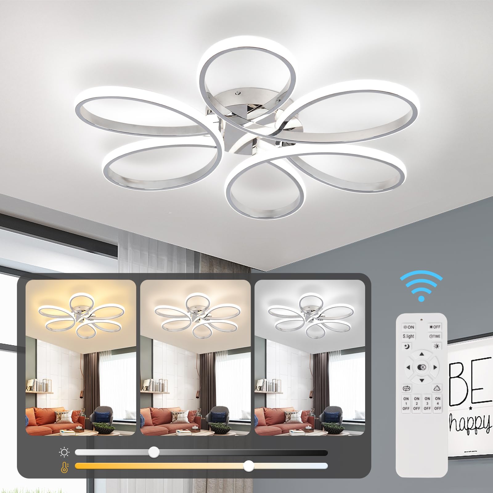 HLILCEH 26inch Modern LED Ceiling Light, 6 Rings Flower Flush Mount Light Fixture with Remote Control Chrome Dimmable Ceiling La