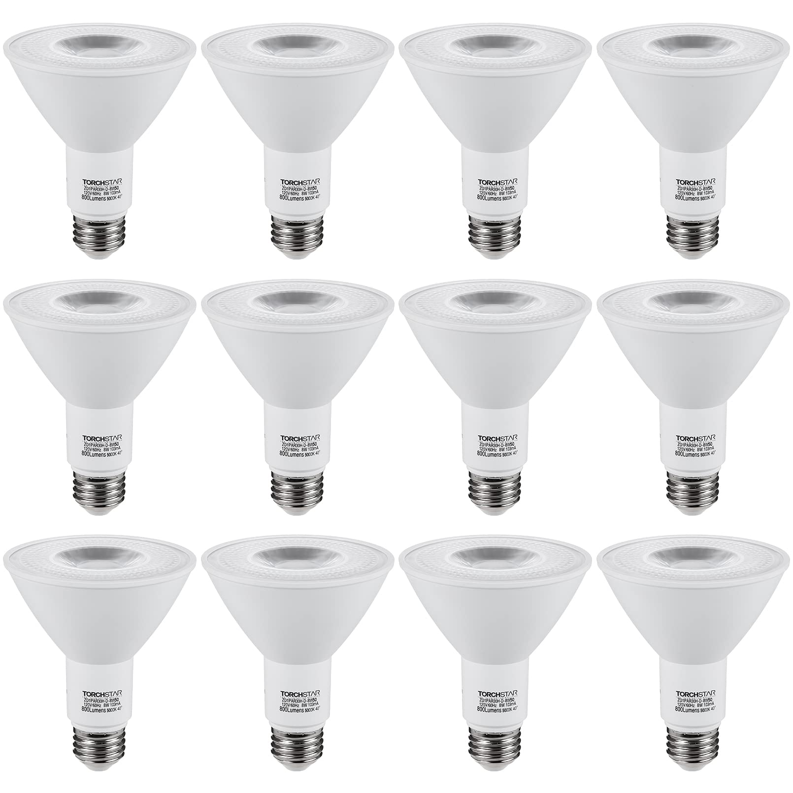 TORCHSTAR PAR30 LED Bulb, Dimmable 8W=75W, 5000K Daylight, CRI90+, 800LM, 12 Pack, UL Listed