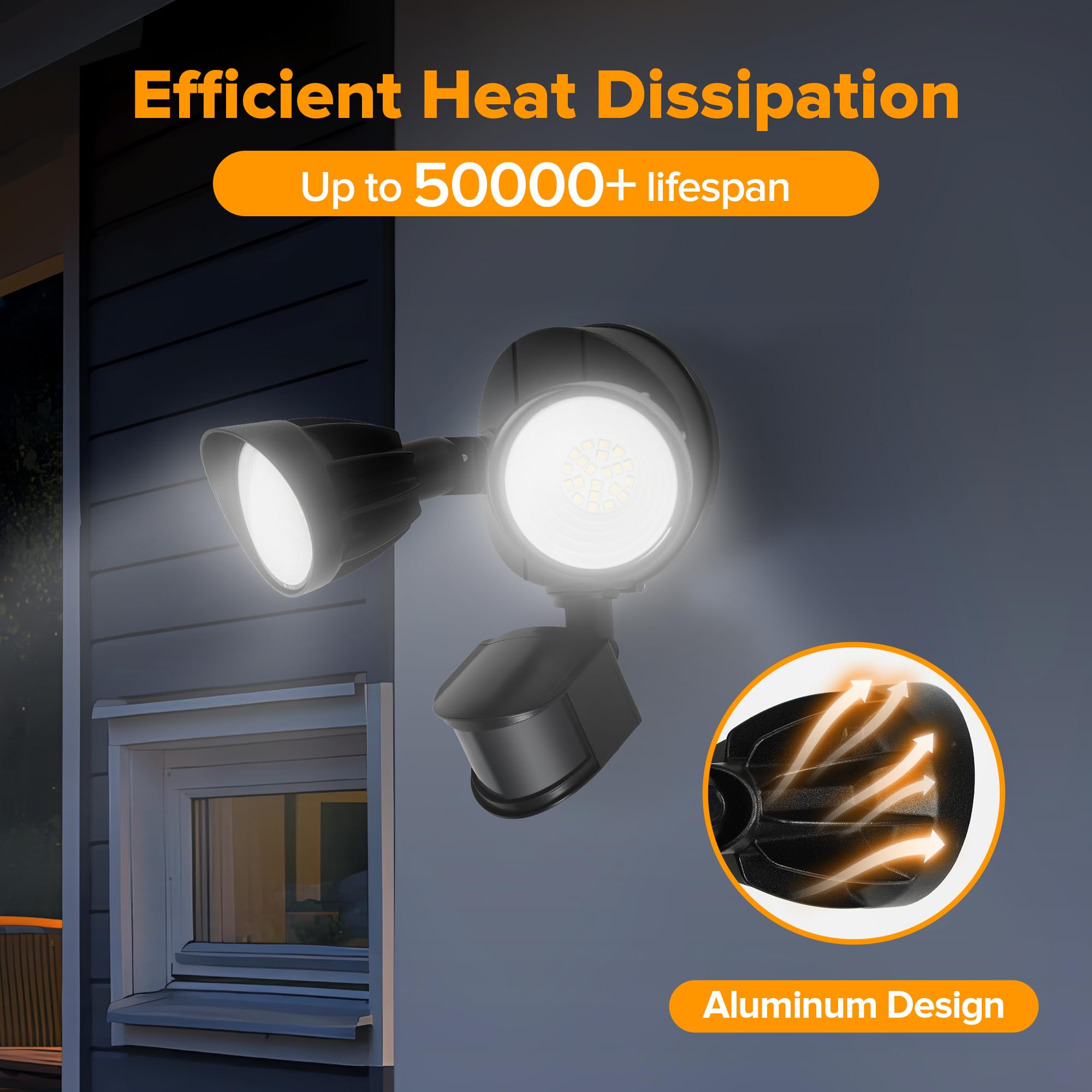 UME LED Security Light - 27W, 3000LM, IP65 Waterproof, Dusk to Dawn, 2 Head Motion Sensor, Outdoor Flood Light, Black