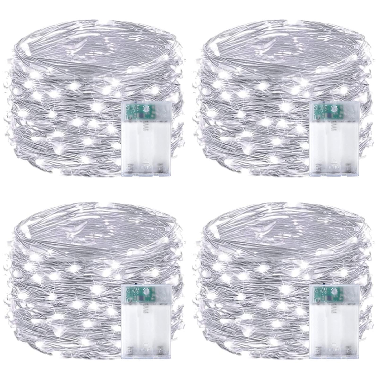 EXF 4-Pack Fairy Lights, 50 LED, Waterproof, Battery Operated with Timer, 16FT, Cool White, Model YHY-BO50LED